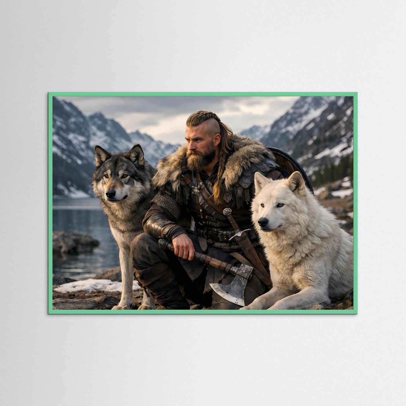 Querformat-Poster mit Wikingerkrieger und zwei Wölfen, grün umrahmt