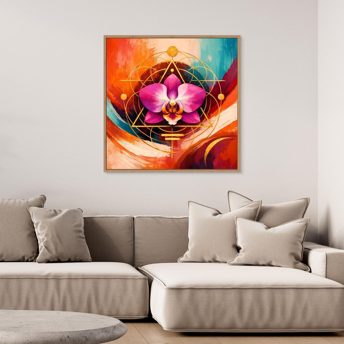 Quadratisches Leinwandbild mit lila Orchidee, geometrischen Formen und bunten Strudeln