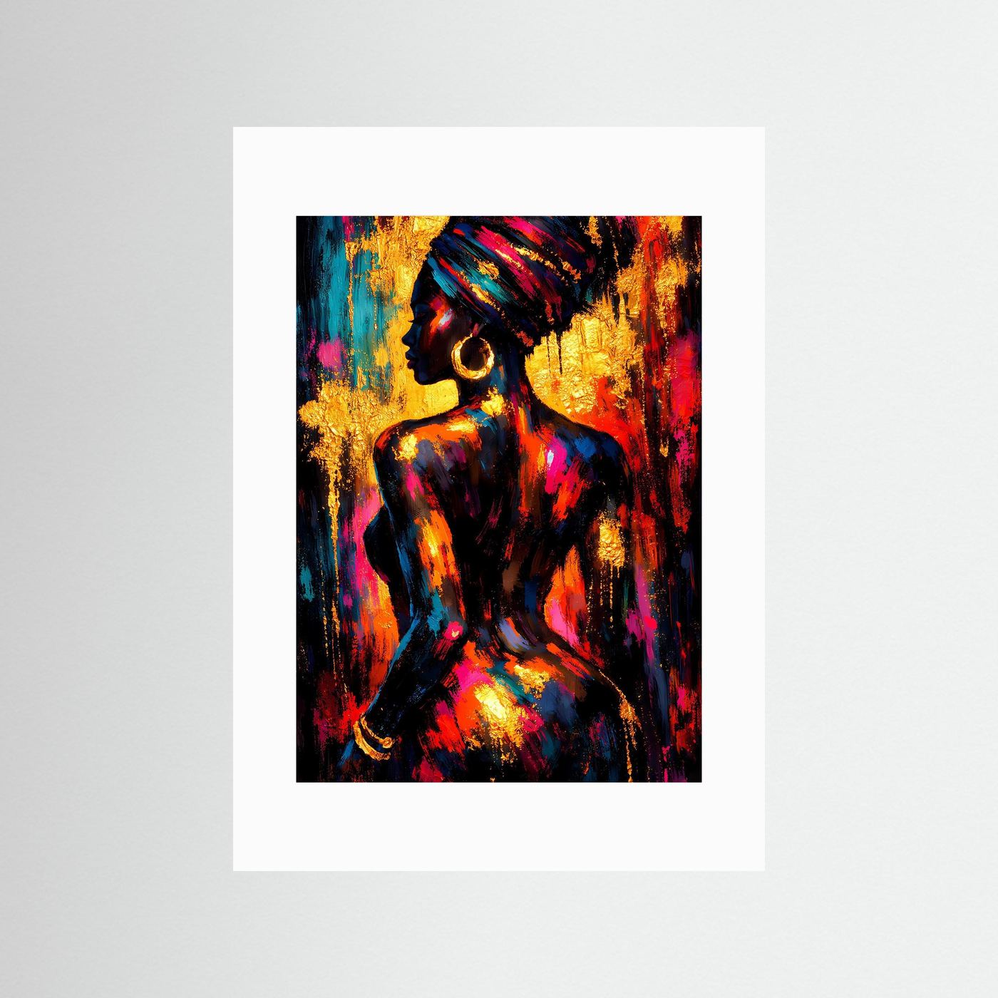 Kunstposter mit weißem Passepartout: abstraktes Frauenporträt in Gold-, Pink- und Türkistönen