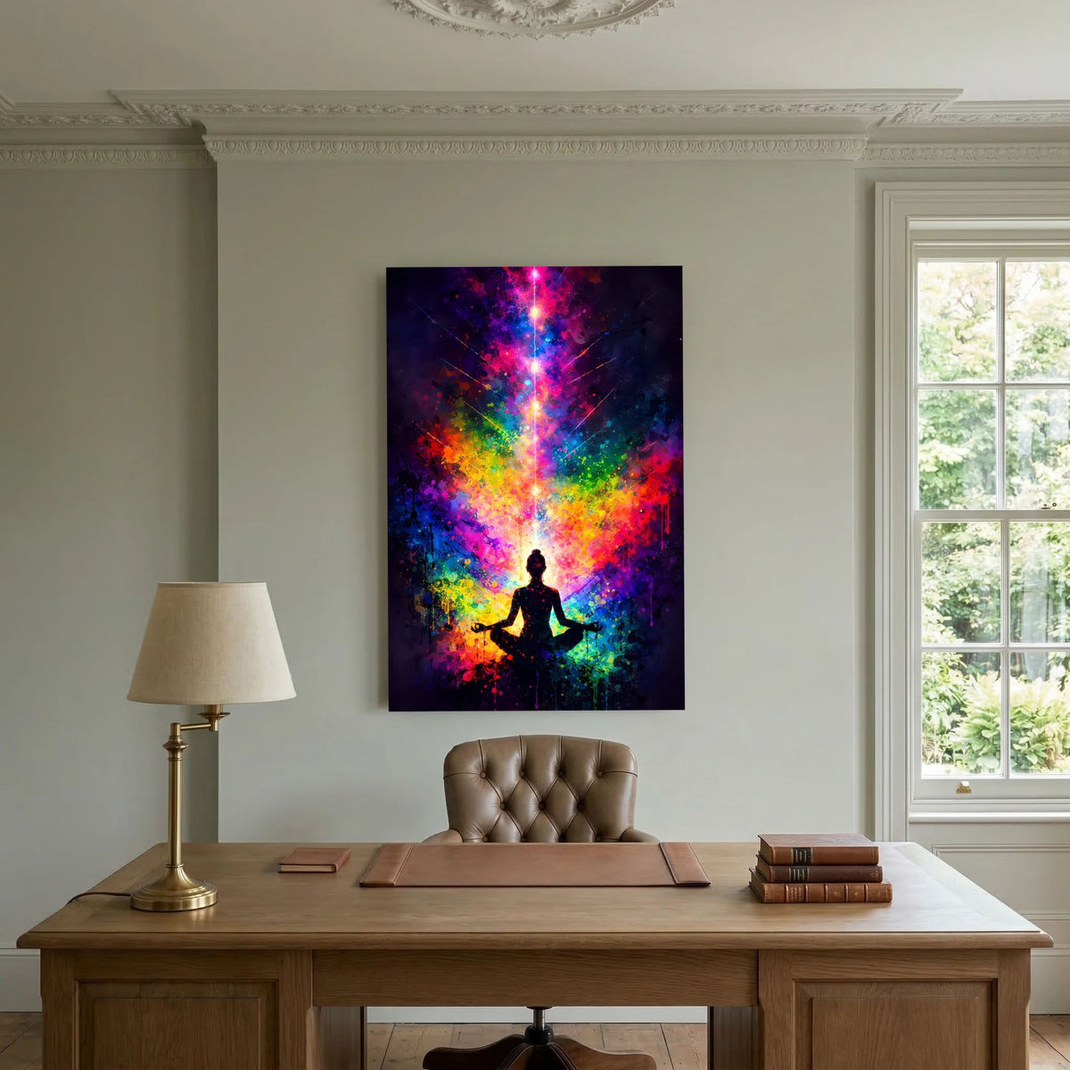 Hochformatiges Poster mit Meditationssilhouette und strahlendem, buntem Lichtstrahl