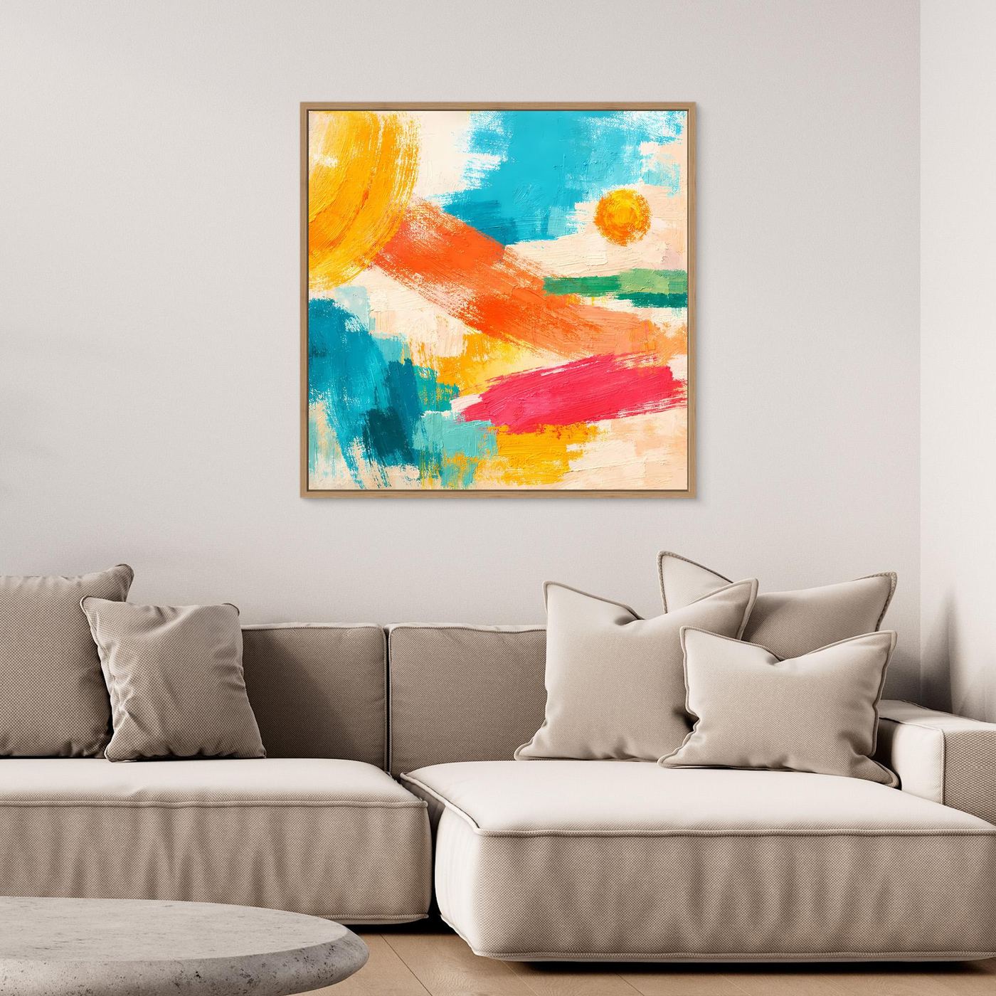 Oak-framed abstract wall art with blue, orange, pink, and yellow paint strokes