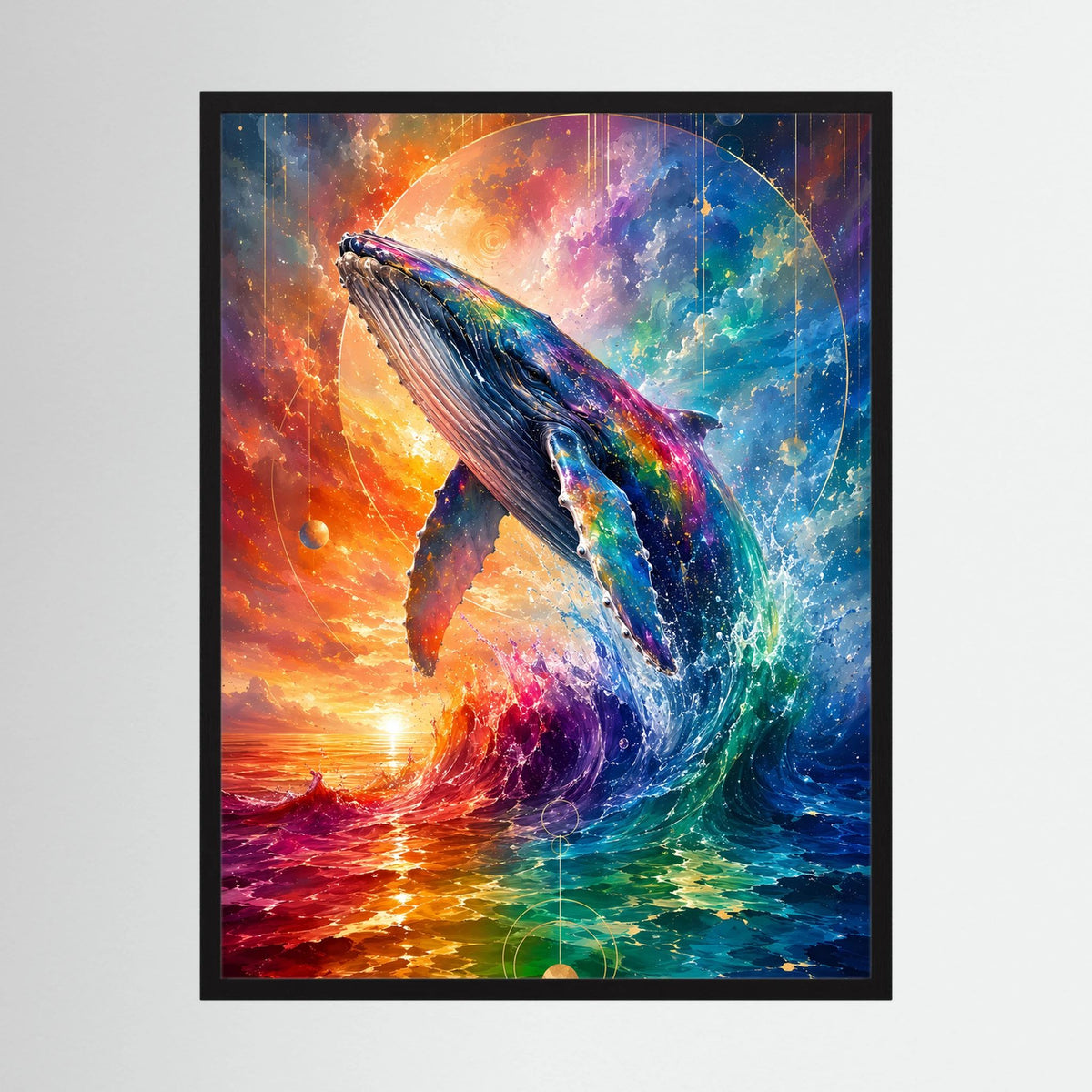 Hochformat-Poster mit Wal-Motiv in leuchtenden Regenbogenfarben, schwarzer Rahmen