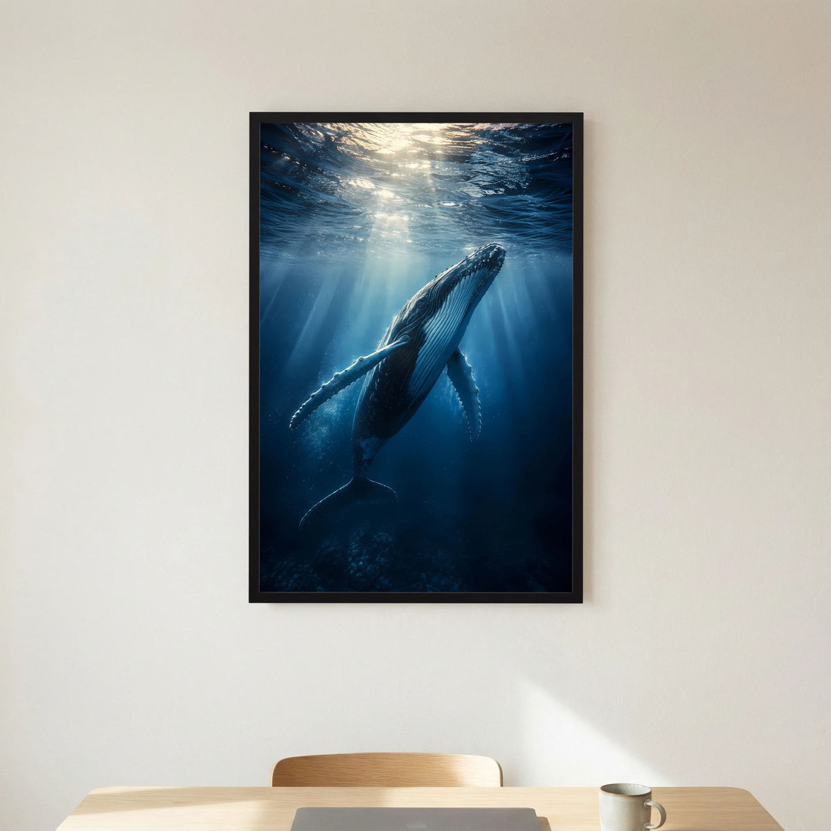 Poster im Hochformat: Buckelwal unter Wasser, schwarzer Rahmen, blaues Motiv