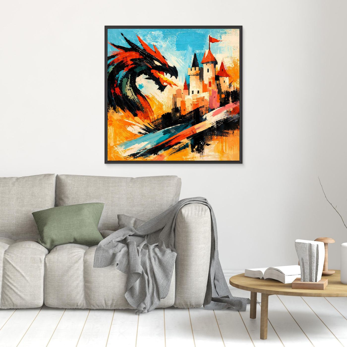 Leinwand Mythischer Drache vor dem Königsschloss | Abstraktes Fantasy Wandbild