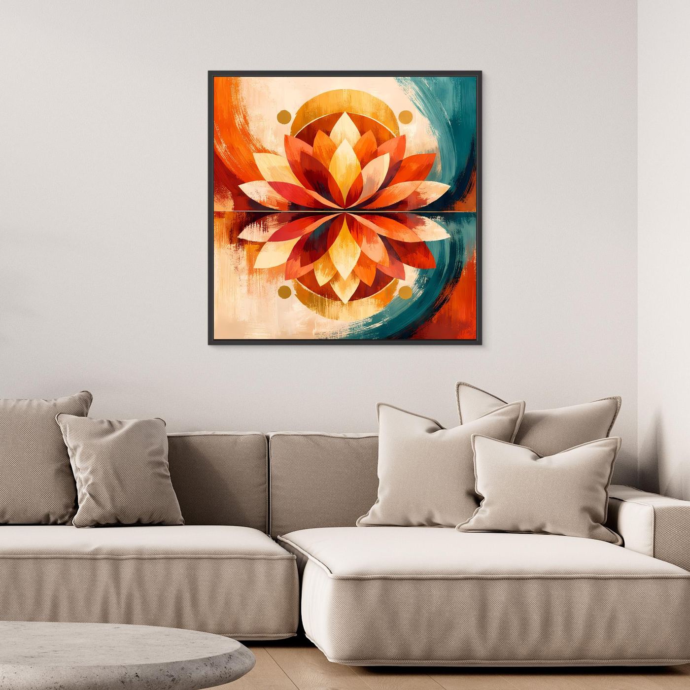 Gerahmtes Leinwandbild mit zentraler Lotusblüte, orange-gelbe und türkisfarbene Flächen