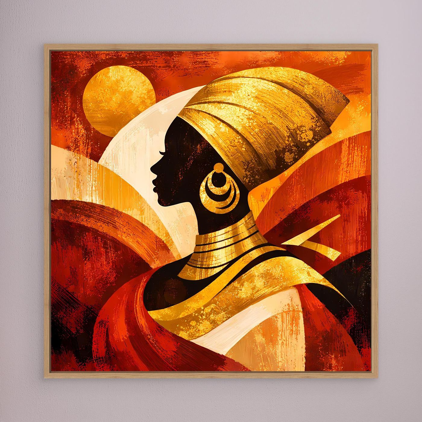 Gerahmtes Leinwandbild mit Frauensilhouette in Gold- und Rottönen