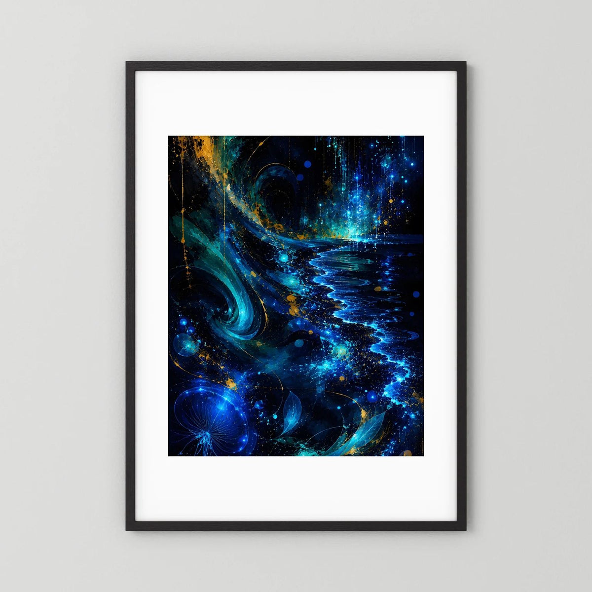 Poster im Hochformat mit abstrakten blauen und goldenen Wellen, schwarzer Rahmen.