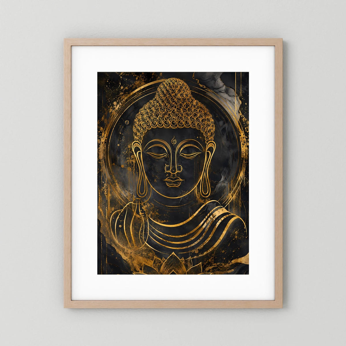 Buddha-Poster Hochformat mit goldener Buddha-Figur und Lotusmotiv im hellen Holzrahmen