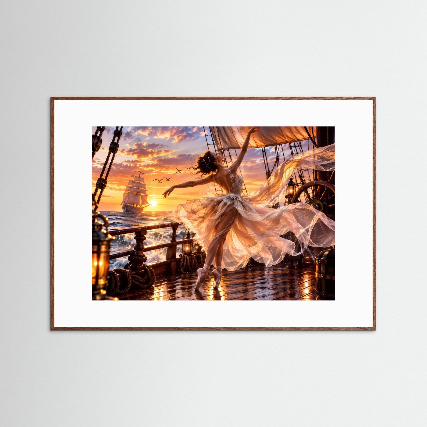 Ballerina auf Segelschiff Poster | Romantische Meereskunst | Sonnenuntergang Wandbild | Elegante Tanzkunst | Premium Leinwandbild