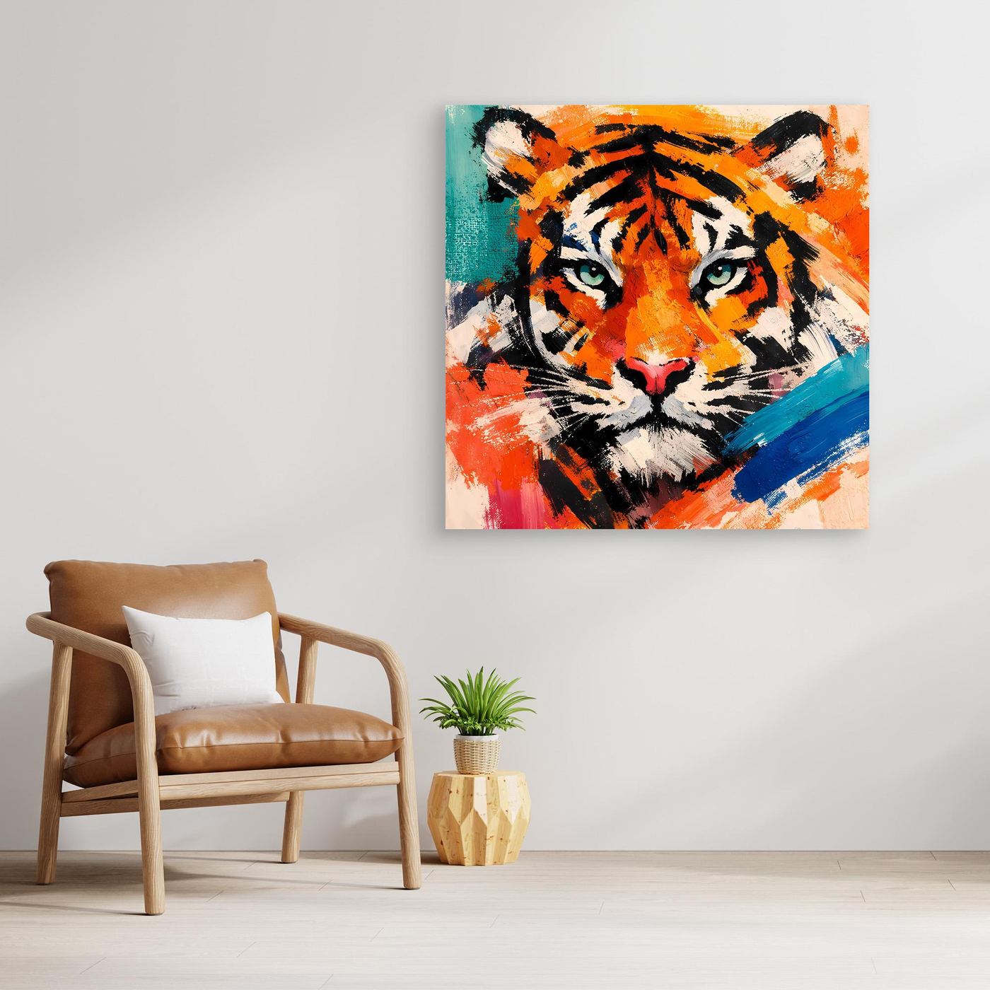 Abstract tiger canvas wall art with orange, teal, and red brushstrokes