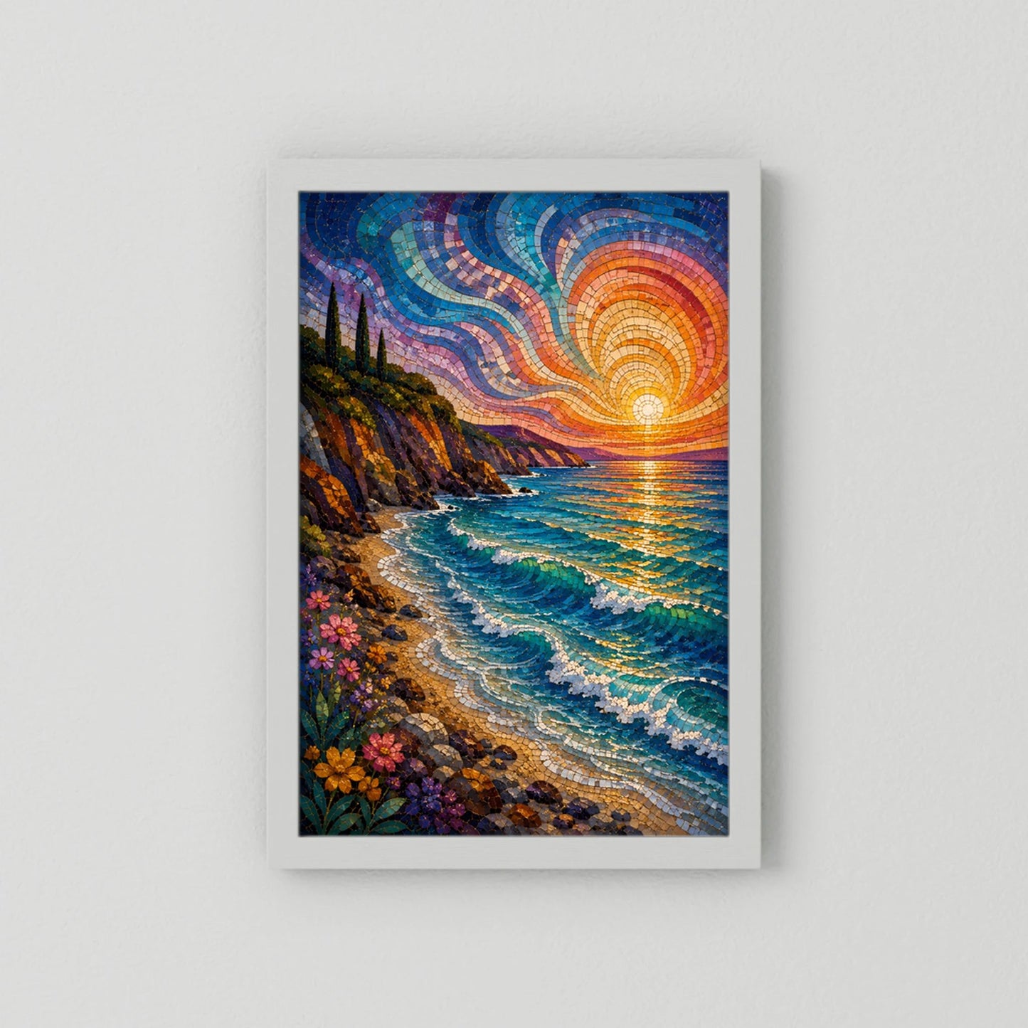 Mediterrane Küste im Mosaikstil | Sonnenuntergang am türkisblauen Meer | Poster Hochformat