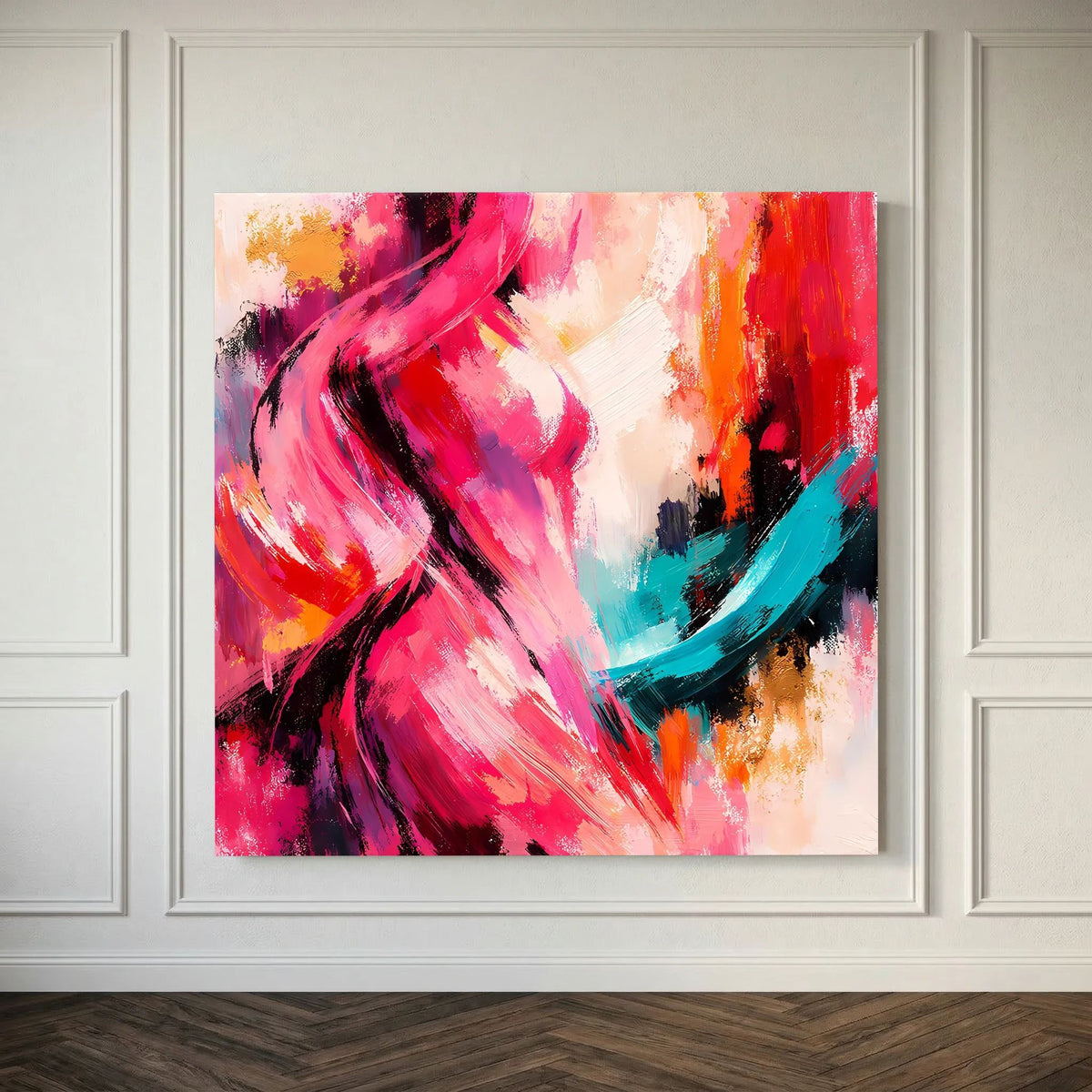 Leinwandbild auf Holzkeilrahmen mit abstrakter weiblicher Silhouette, dynamische Pinselstriche in Pink