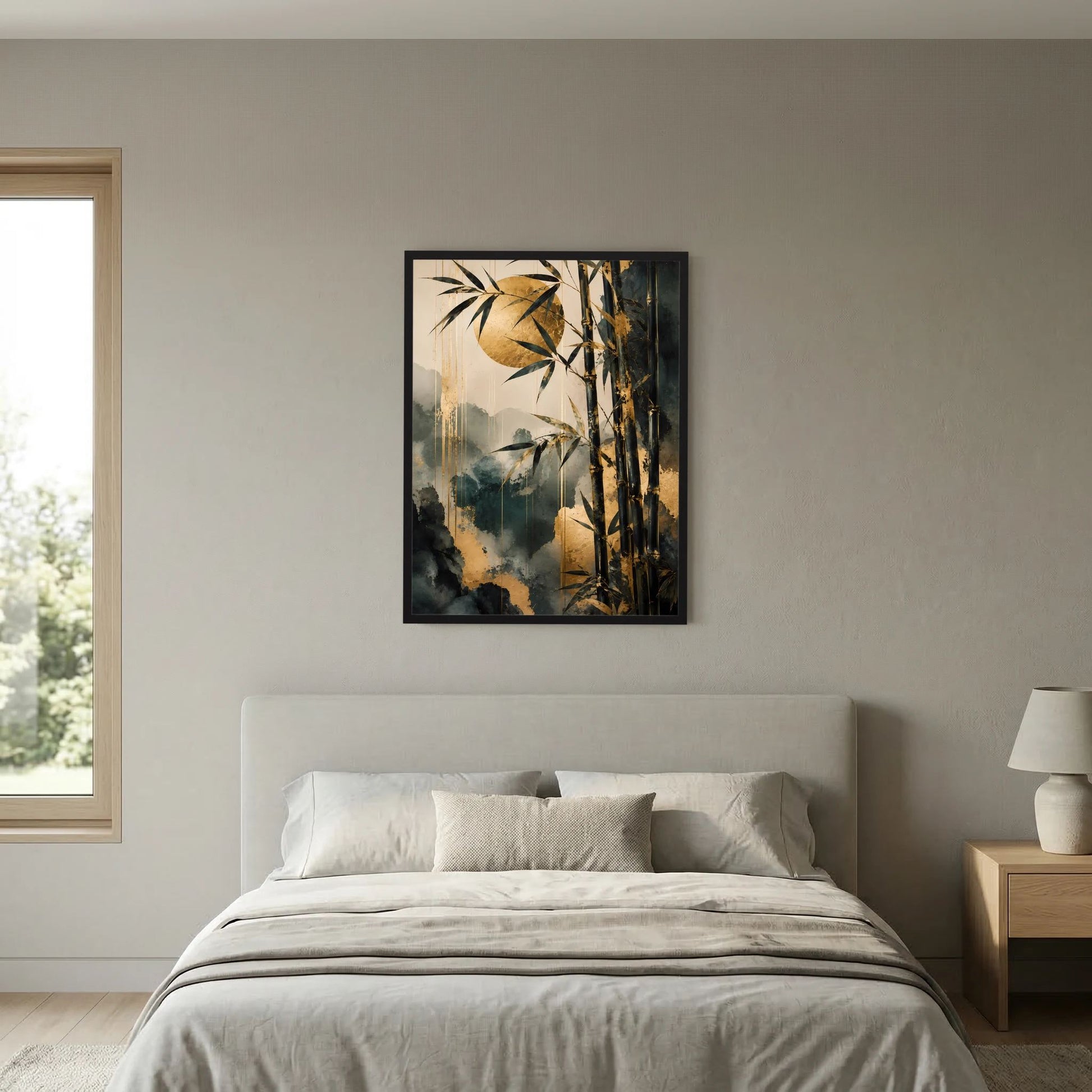 Hochformat-Poster mit abstraktem Bambusmotiv, goldene und dunkle Blauflächen im schwarzen Rahmen