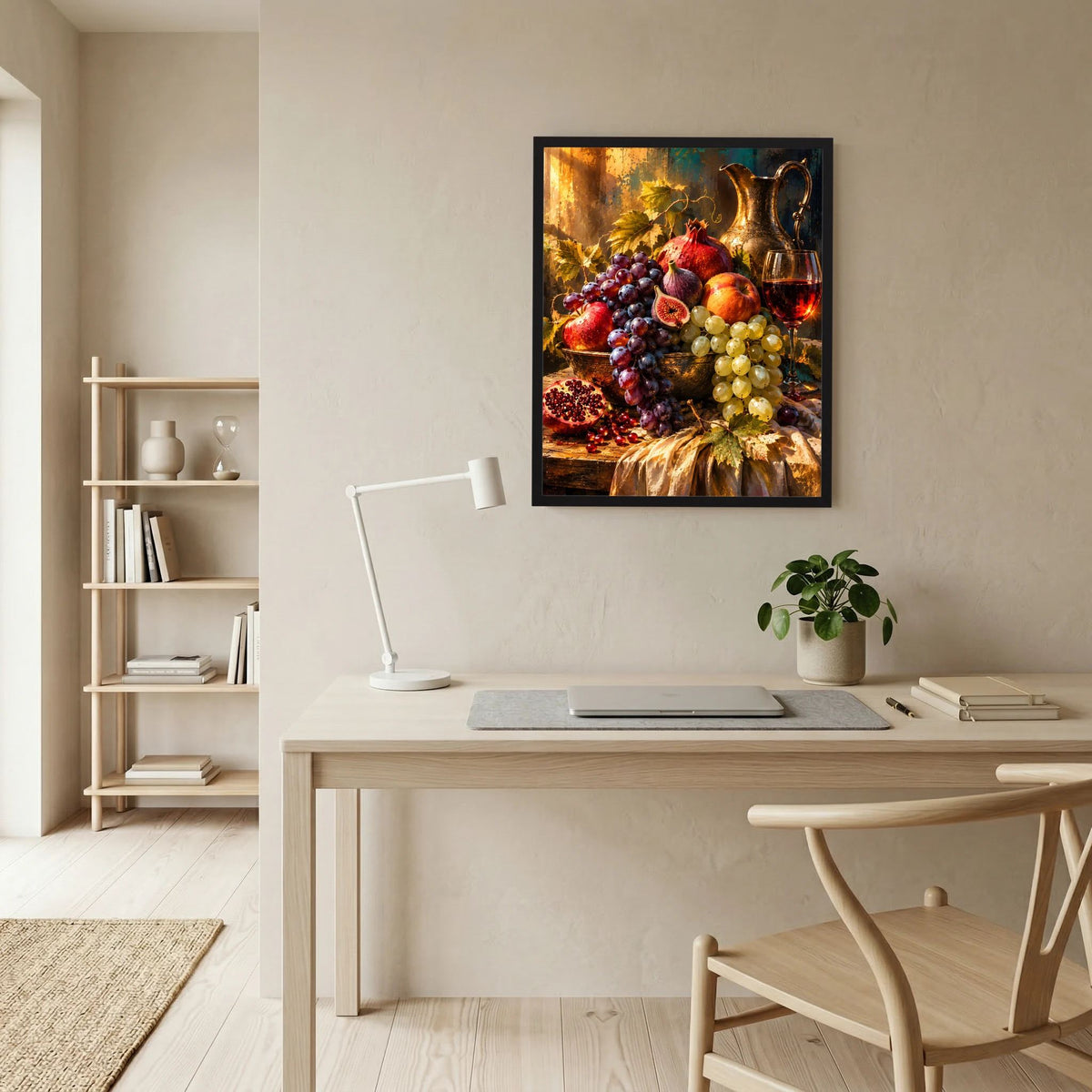 Gerahmtes Stillleben-Poster mit Trauben und Granatapfel im goldroten Farbenspiel