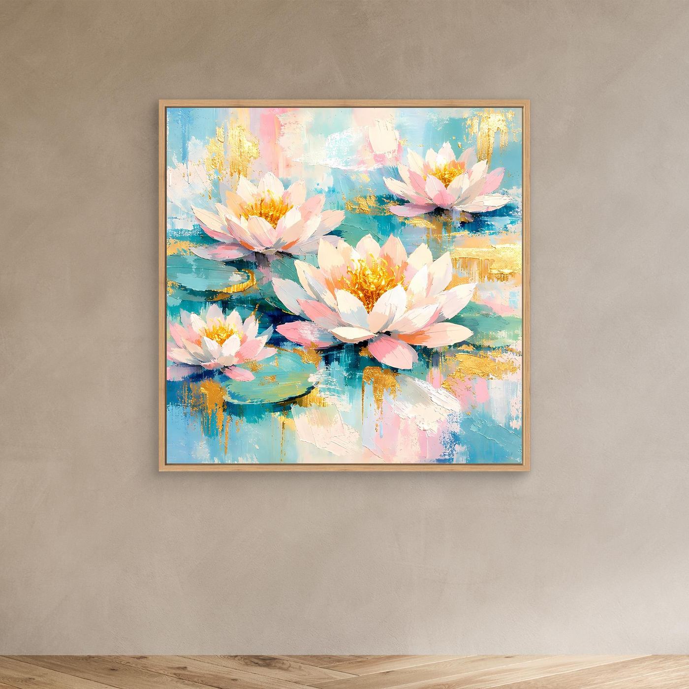 Leinwandbild Seerosen abstrakt mit hellem Holzrahmen, Blüten in Weiß und Rosa