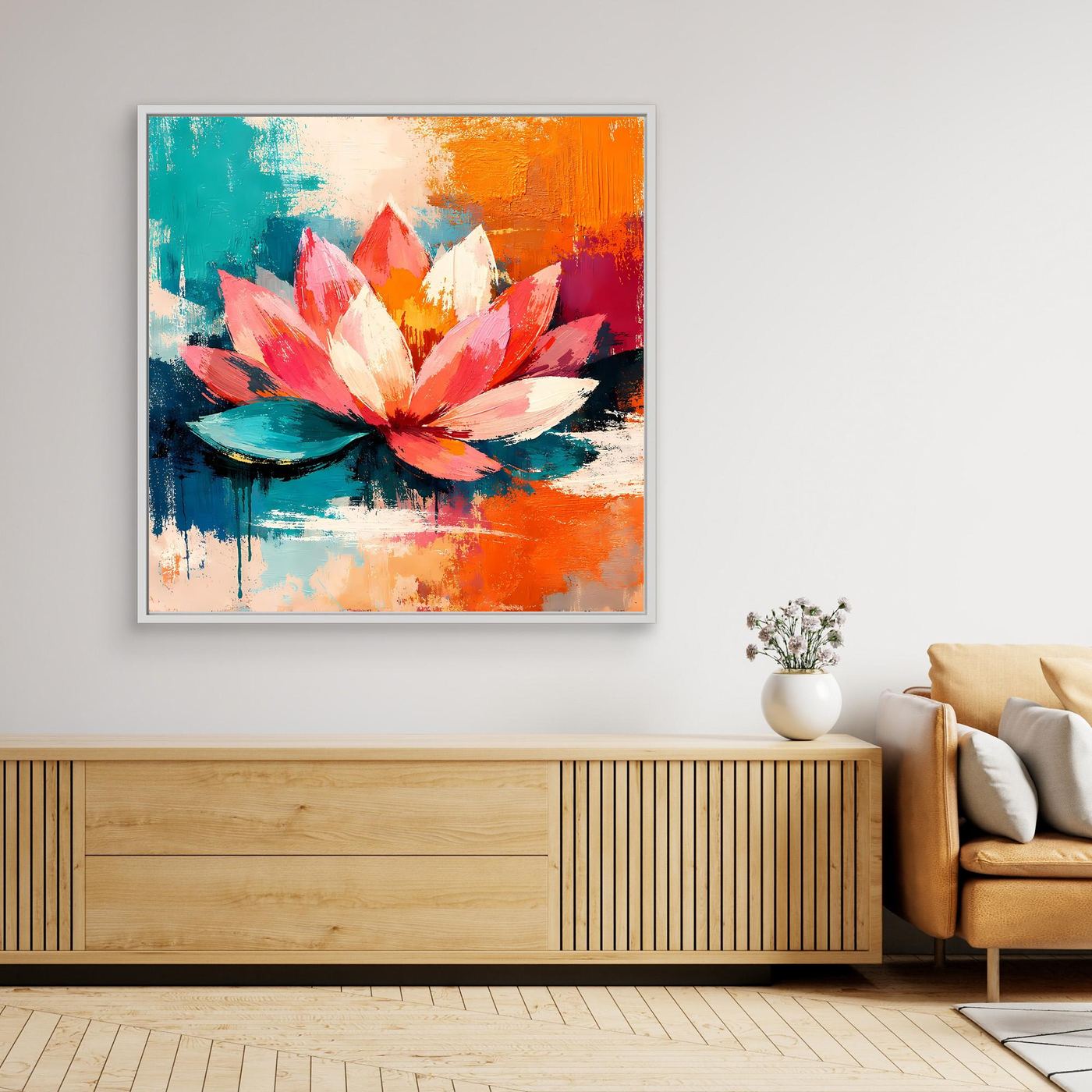 Abstract canvas wall art with colorful lotus on water, white frame