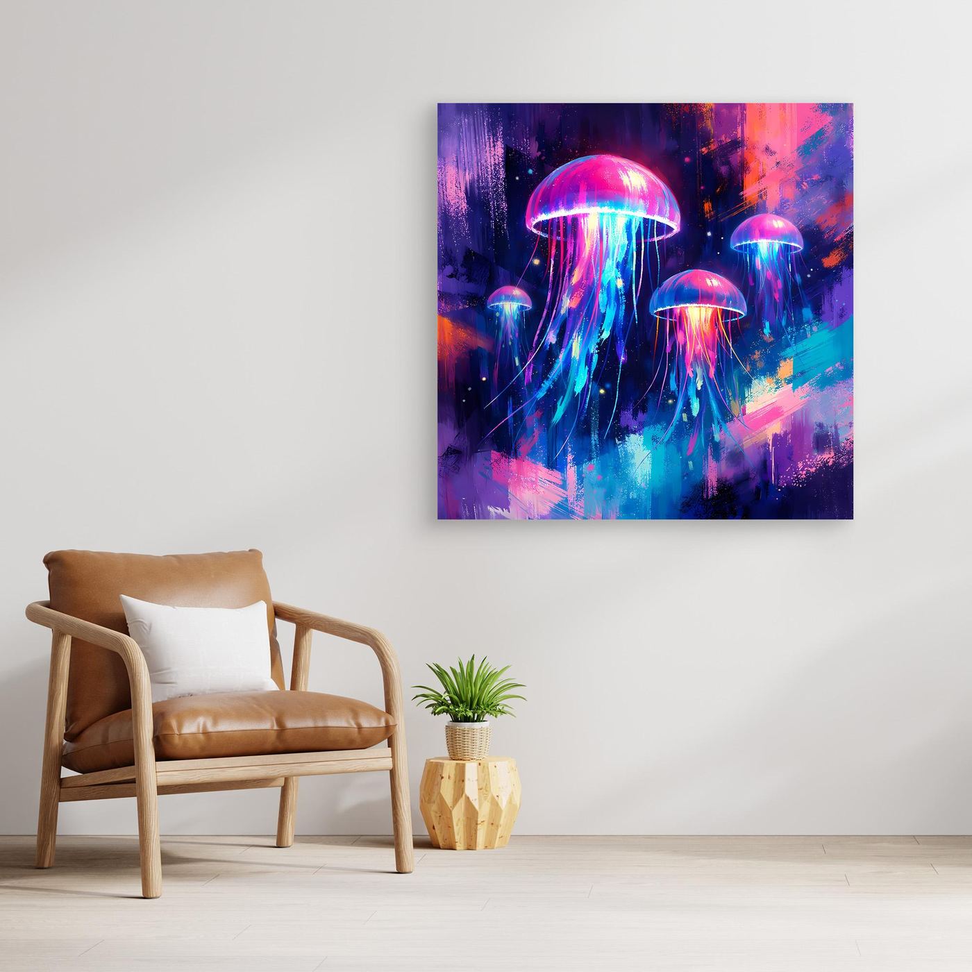 Leinwand Magische Leuchtquallen im Tiefsee-Ozean | Abstraktes Neon Wandbild