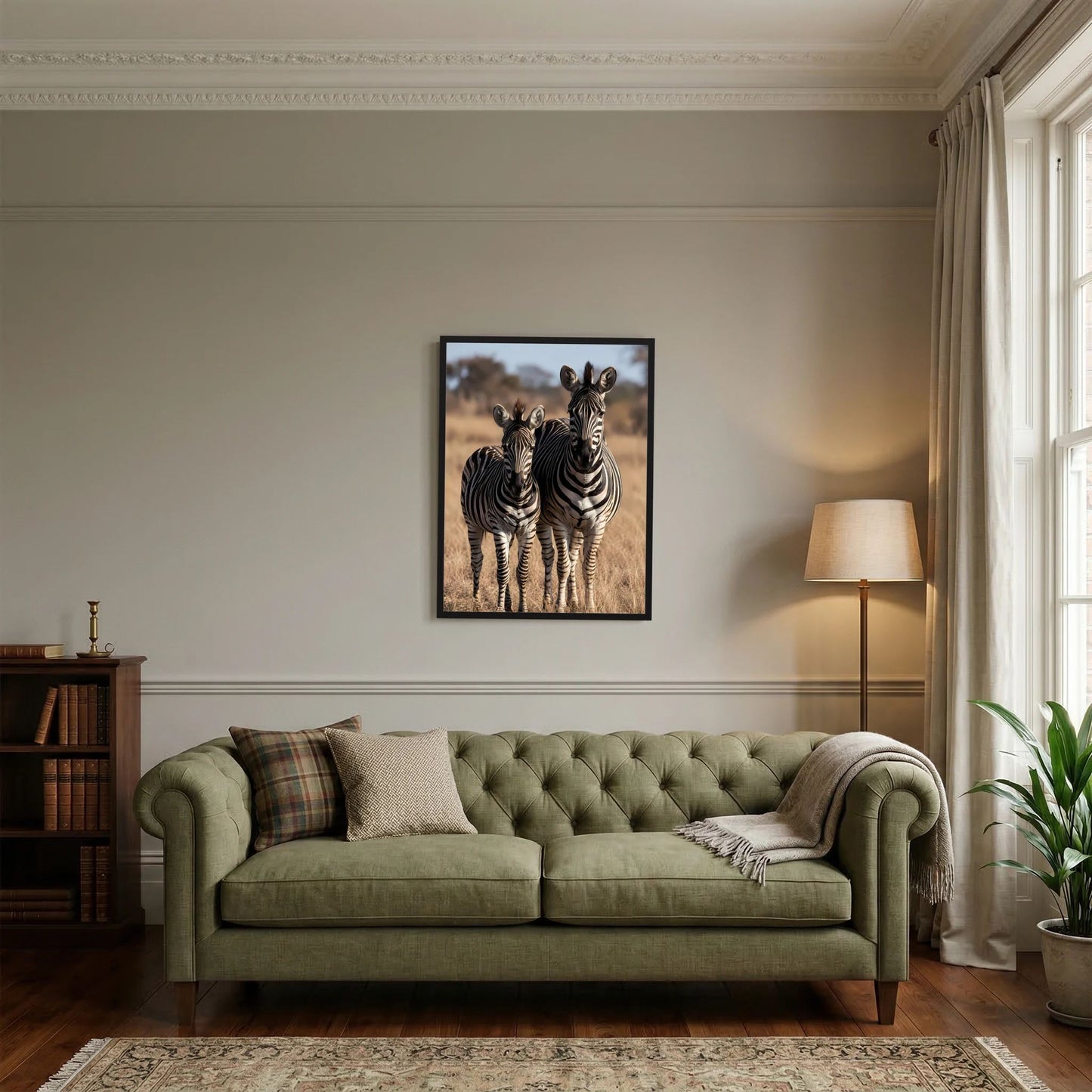 Zebra-Poster im Hochformat: Zebramutter mit Jungtier, schwarz gerahmt