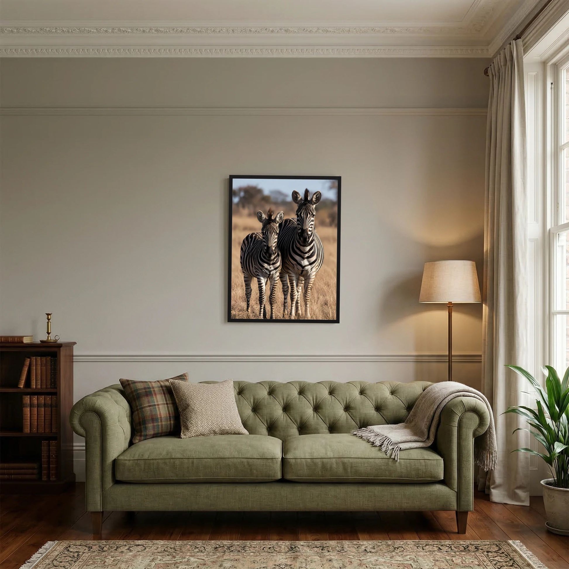Zebra-Poster im Hochformat: Zebramutter mit Jungtier, schwarz gerahmt