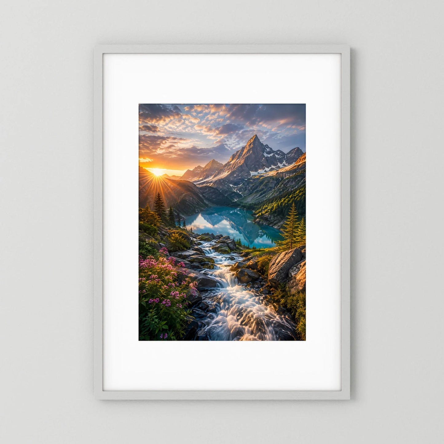 Gerahmtes Hochformat-Poster mit Berglandschaft, Wasserlauf und Sonnenuntergang