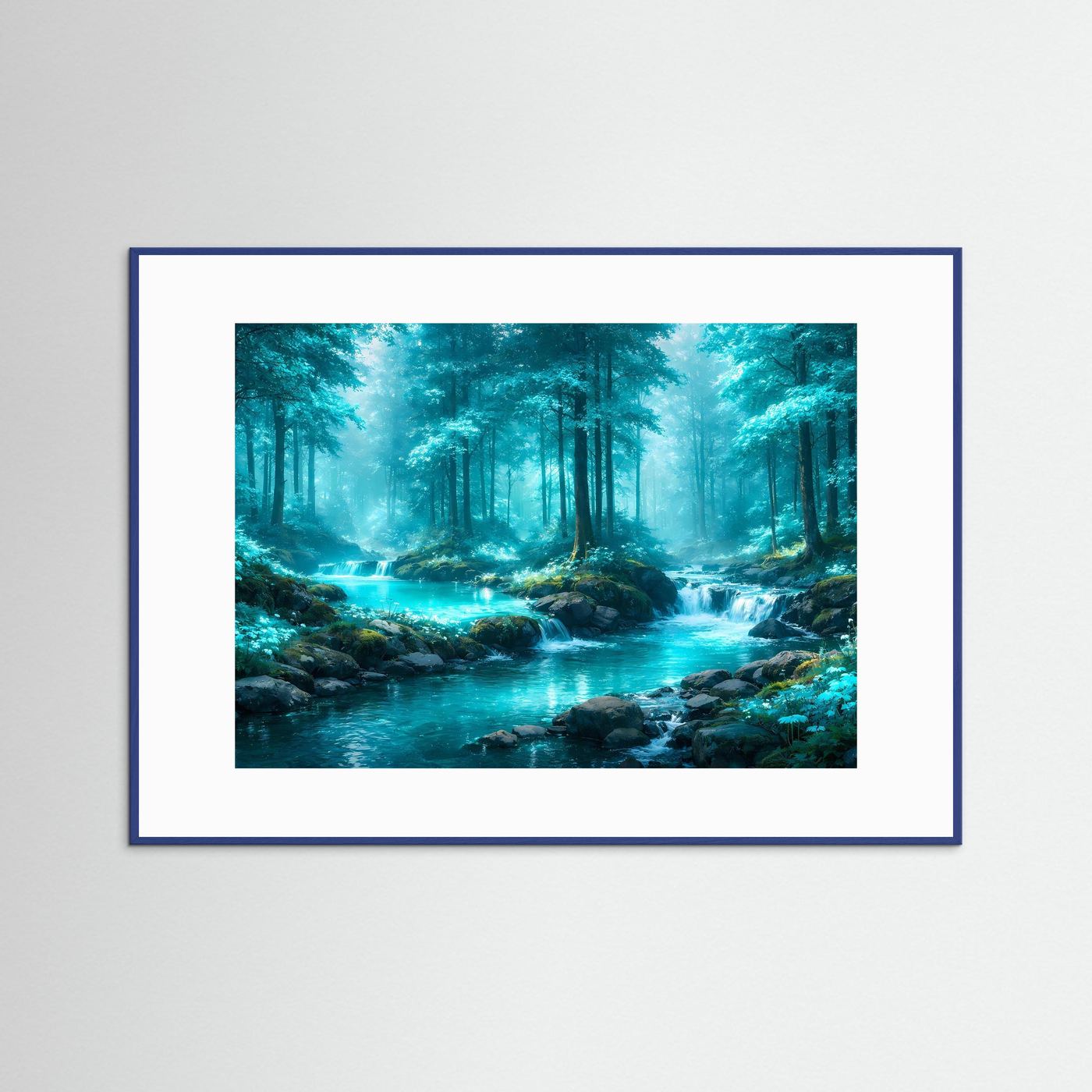 Gerahmtes Wandbild mit türkisem Fluss im grünen Wald, blauer Rahmen.