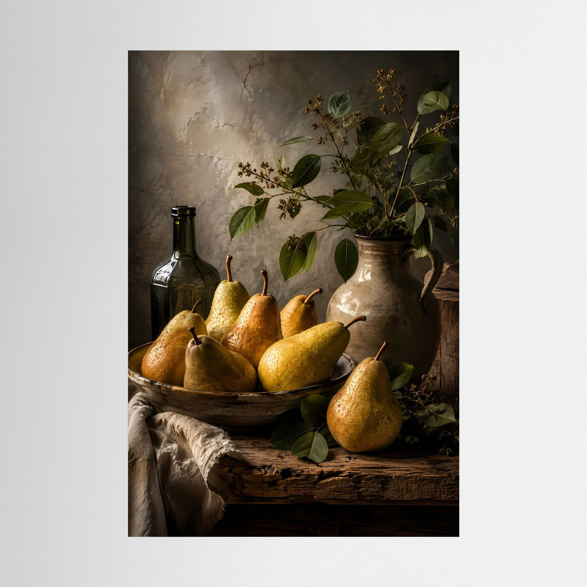 Hochformatiges Poster mit goldenen Birnen, Schüssel, Flasche und Vase mit Zweigen