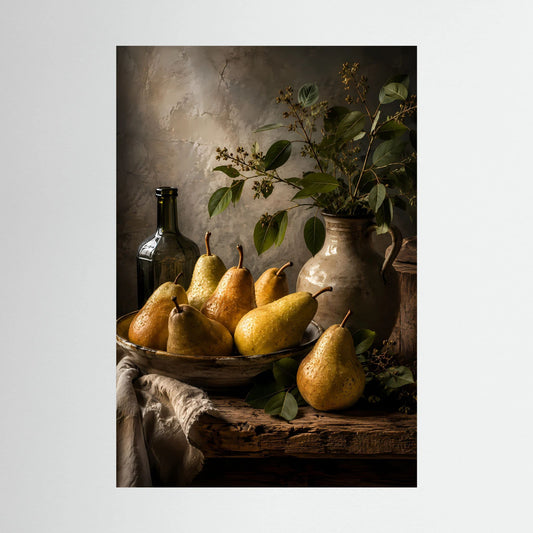 Hochformatiges Poster mit goldenen Birnen, Schüssel, Flasche und Vase mit Zweigen