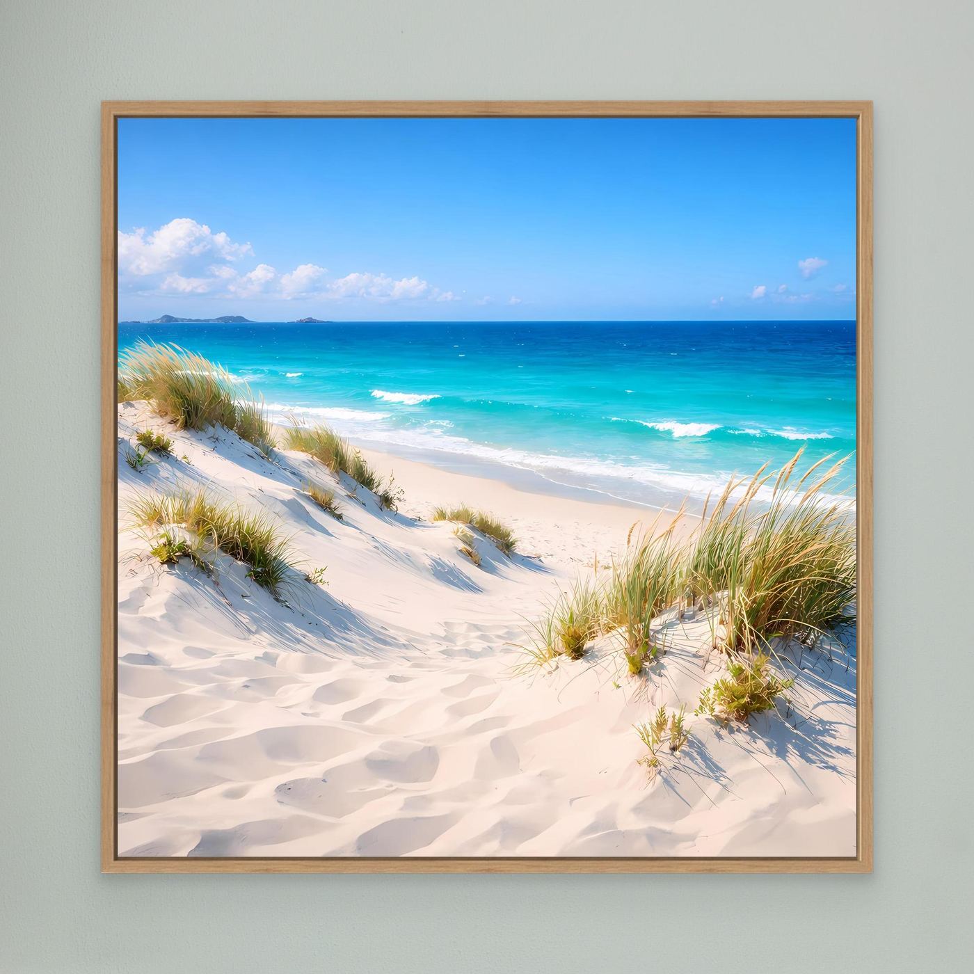 Leinwandbild mit Dünenlandschaft am Strand, türkises Meer und hellem Sand, Eichenrahmen