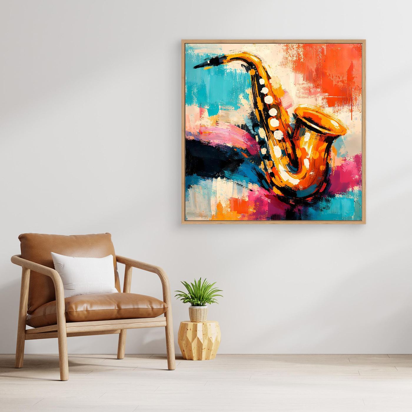 Framed saxophone canvas wall art in bright teal, orange, and magenta