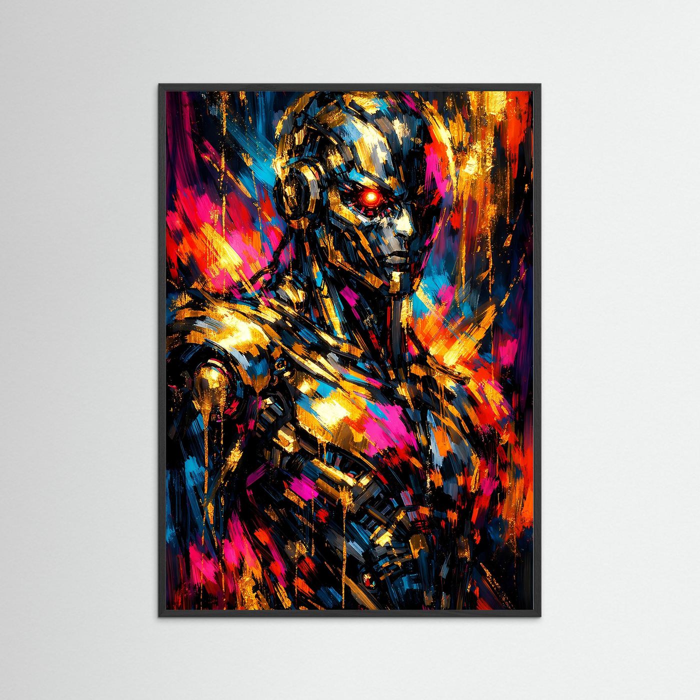 Cyberpunk-Poster mit Roboterkopf, buntes Neon-Muster und Glanzlichte, im schwarzen Rahmen