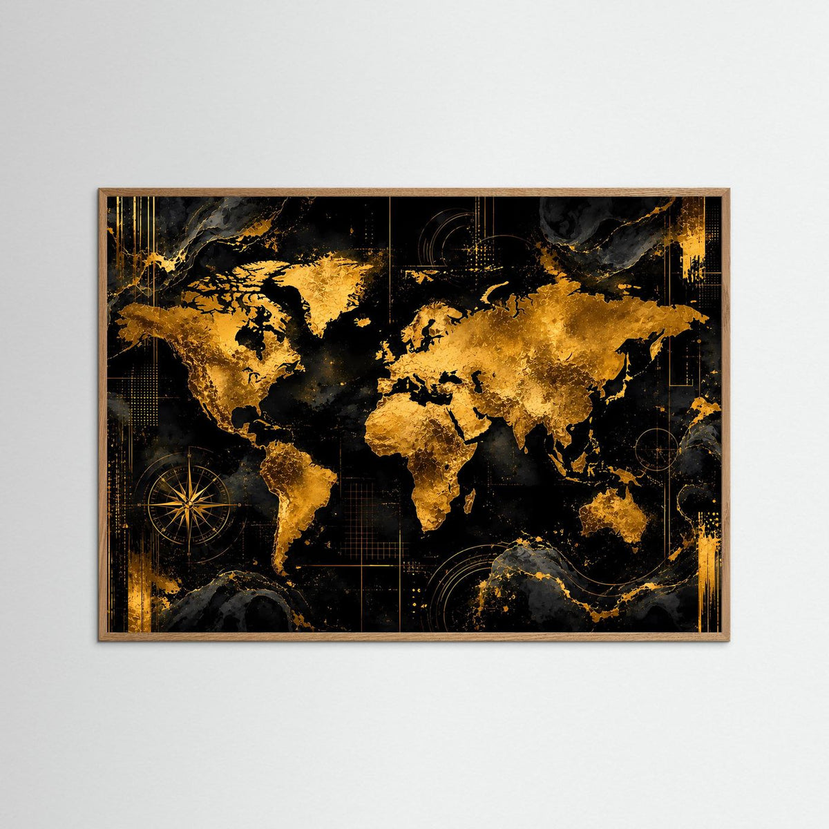 Querformatiges Poster mit hellem Eiche-Rahmen: abstrakte Weltkarte in Schwarz und Gold
