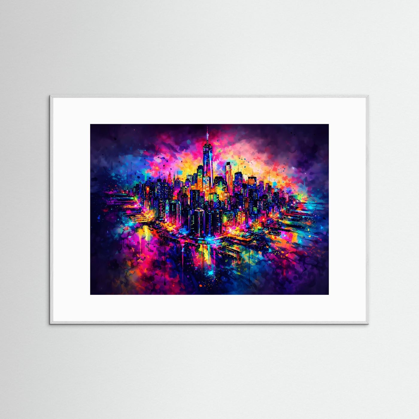 Abstrakte Manhattan Skyline & One World Trade Center | Neon Pop Art Wanddeko Querformat