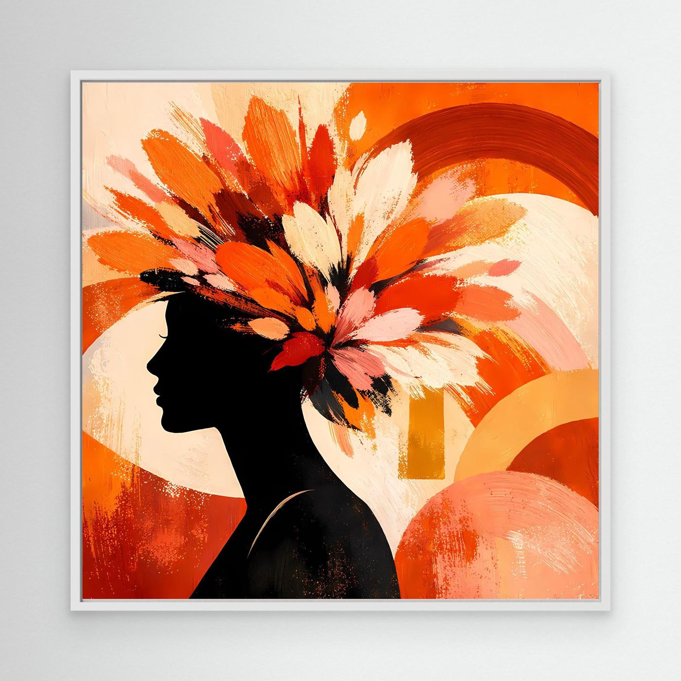 Leinwandbild mit Frauensilhouette und Blumen in Orange/Weiß, weißer Rahmen