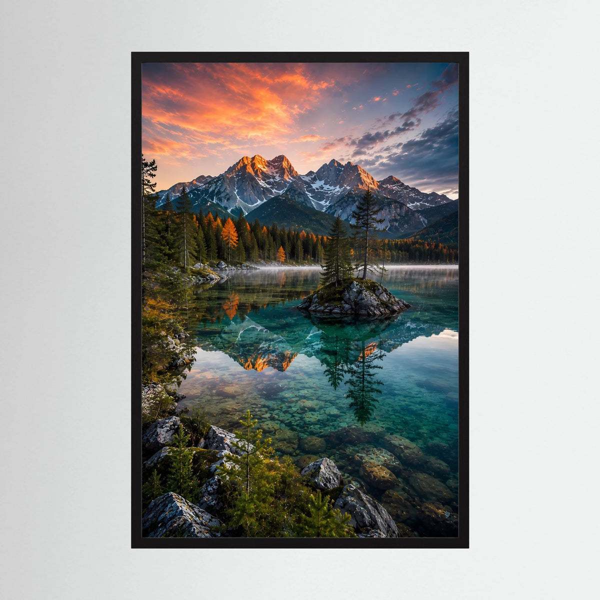 Kristallklarer Bergsee im Abendlicht | Bergpanorama mit Spiegelung | Poster Hochformat
