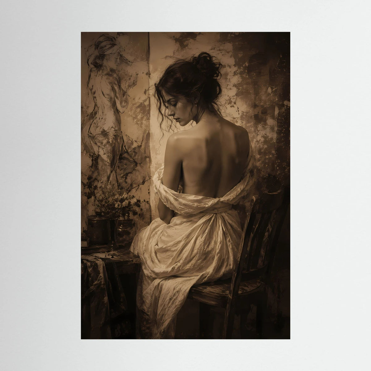 Kunstdruck in Sepia mit Rückenansicht einer Frau und weißem Drapiertuch, Vintage-Porträt.
