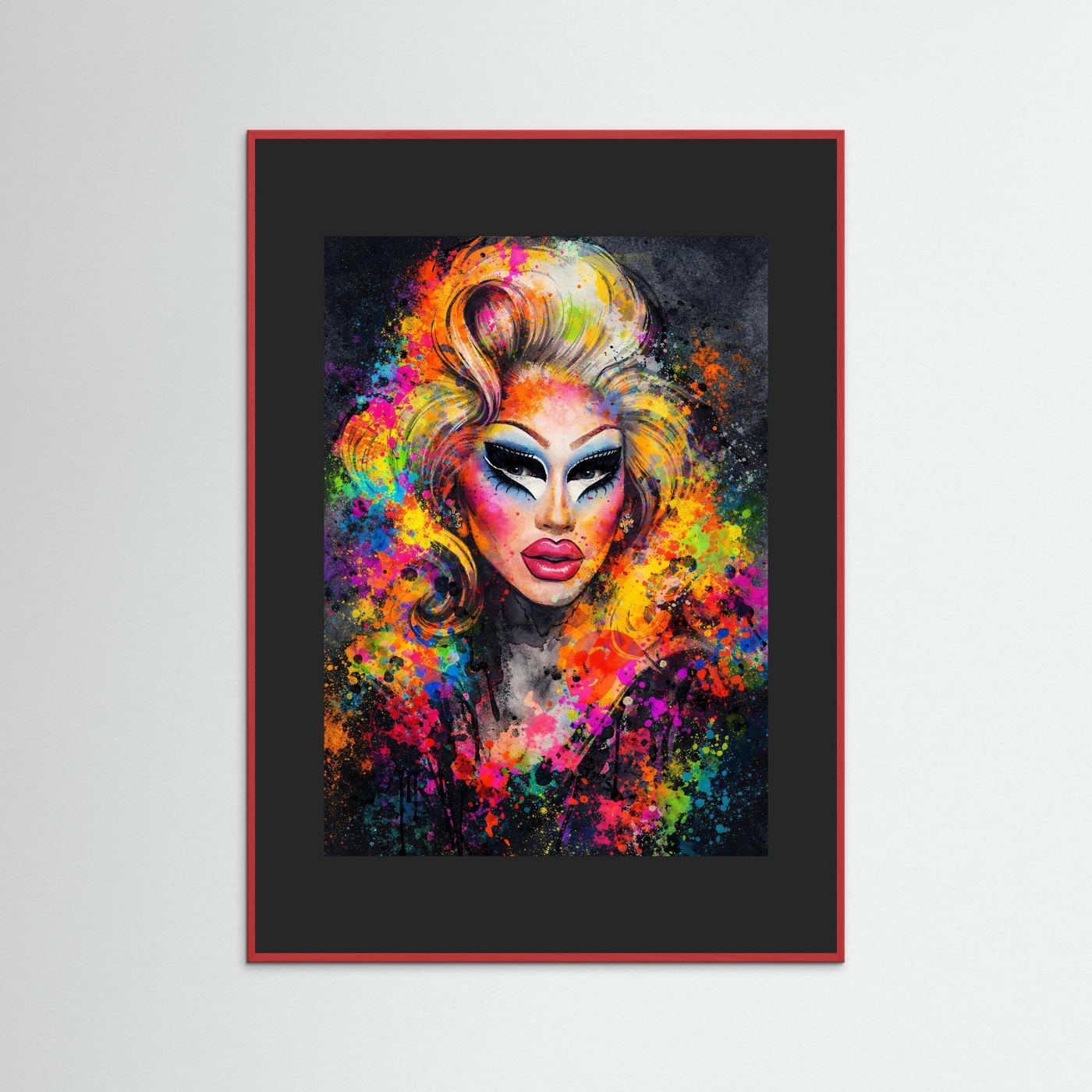 Gerahmtes Wandbild: abstraktes Drag-Queen-Porträt, dunkler Rand, roter Rahmen