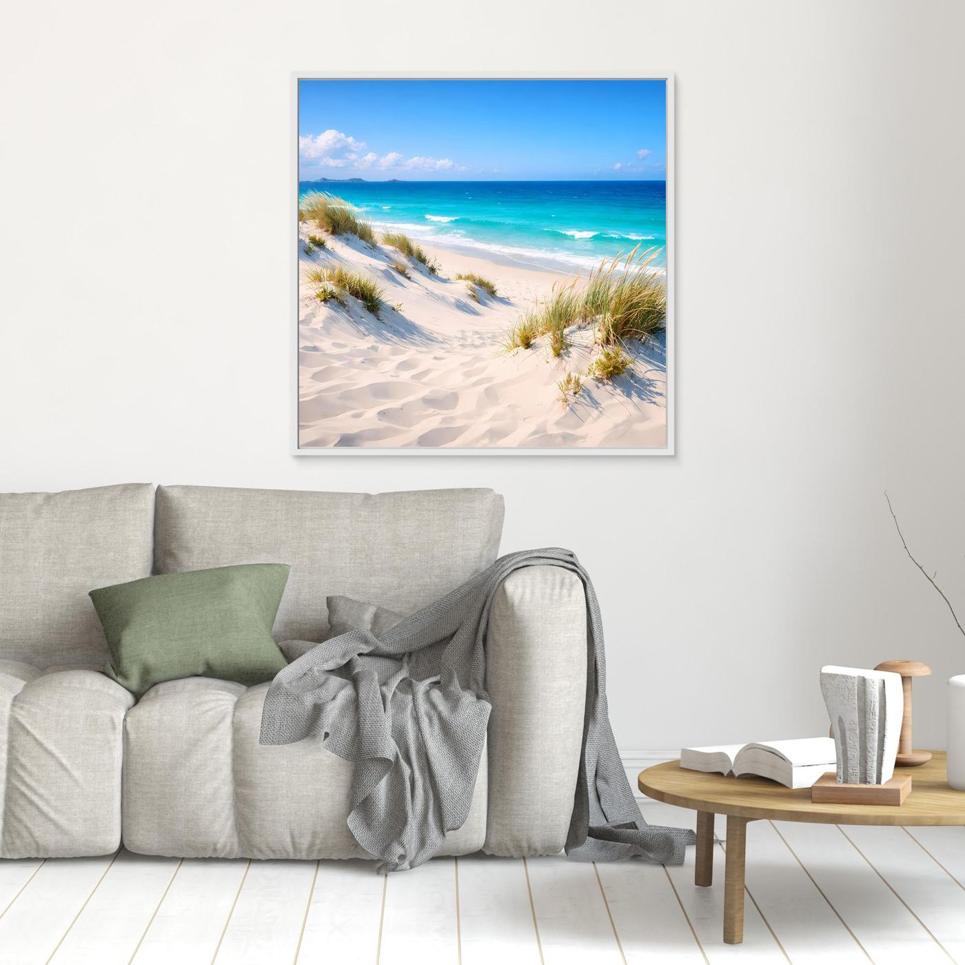 Leinwandbild mit Stranddünen und türkisfarbenem Meer, ohne Rahmen, klein