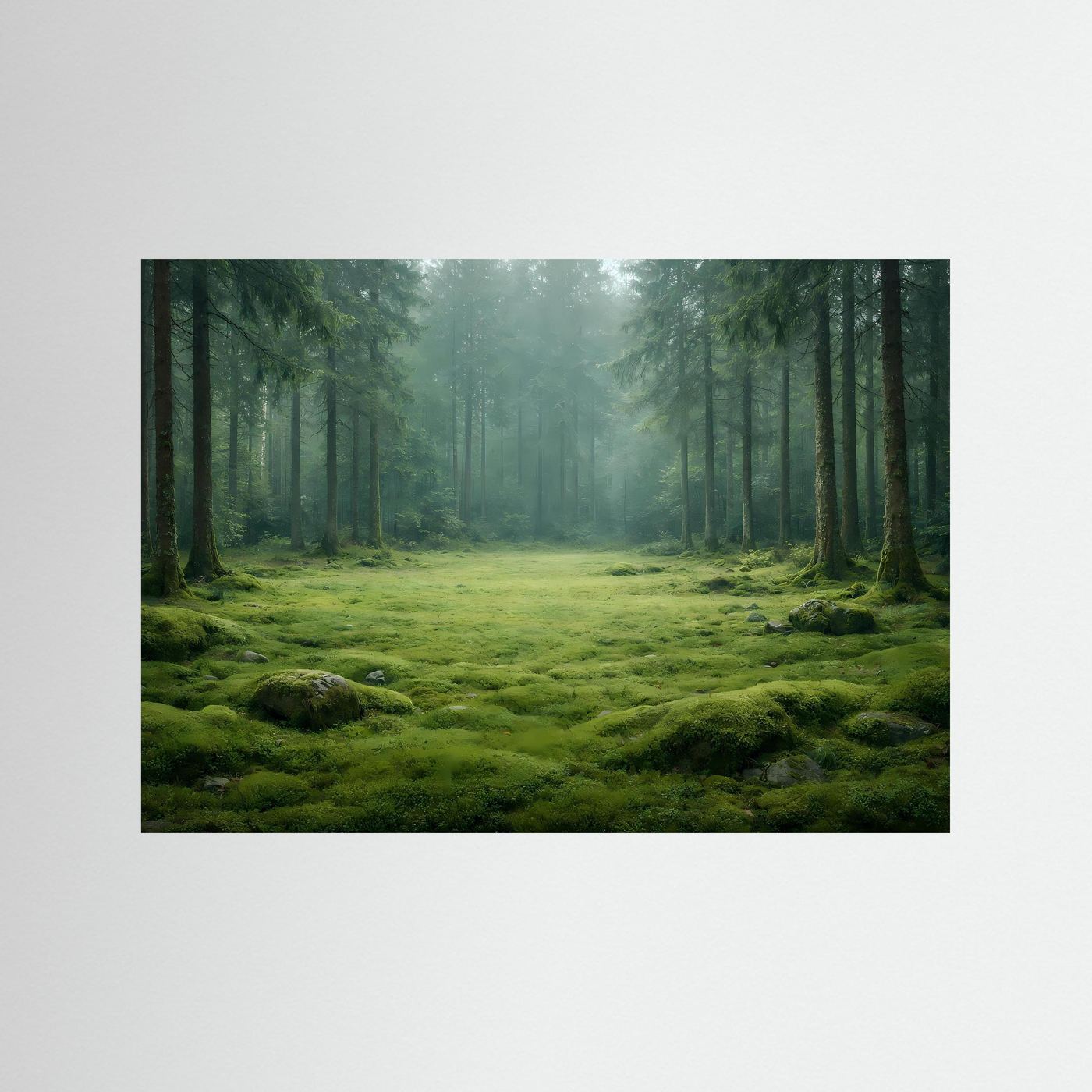 Wandbild mit schwarzem Holzrahmen: grüner Wald mit Moosteppich und Nebellichtung.
