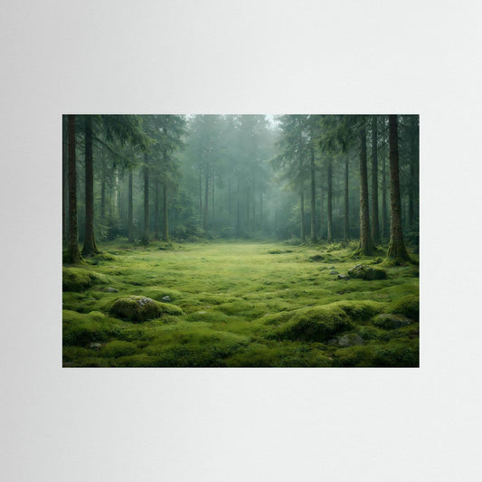 Wandbild mit schwarzem Holzrahmen: grüner Wald mit Moosteppich und Nebellichtung.