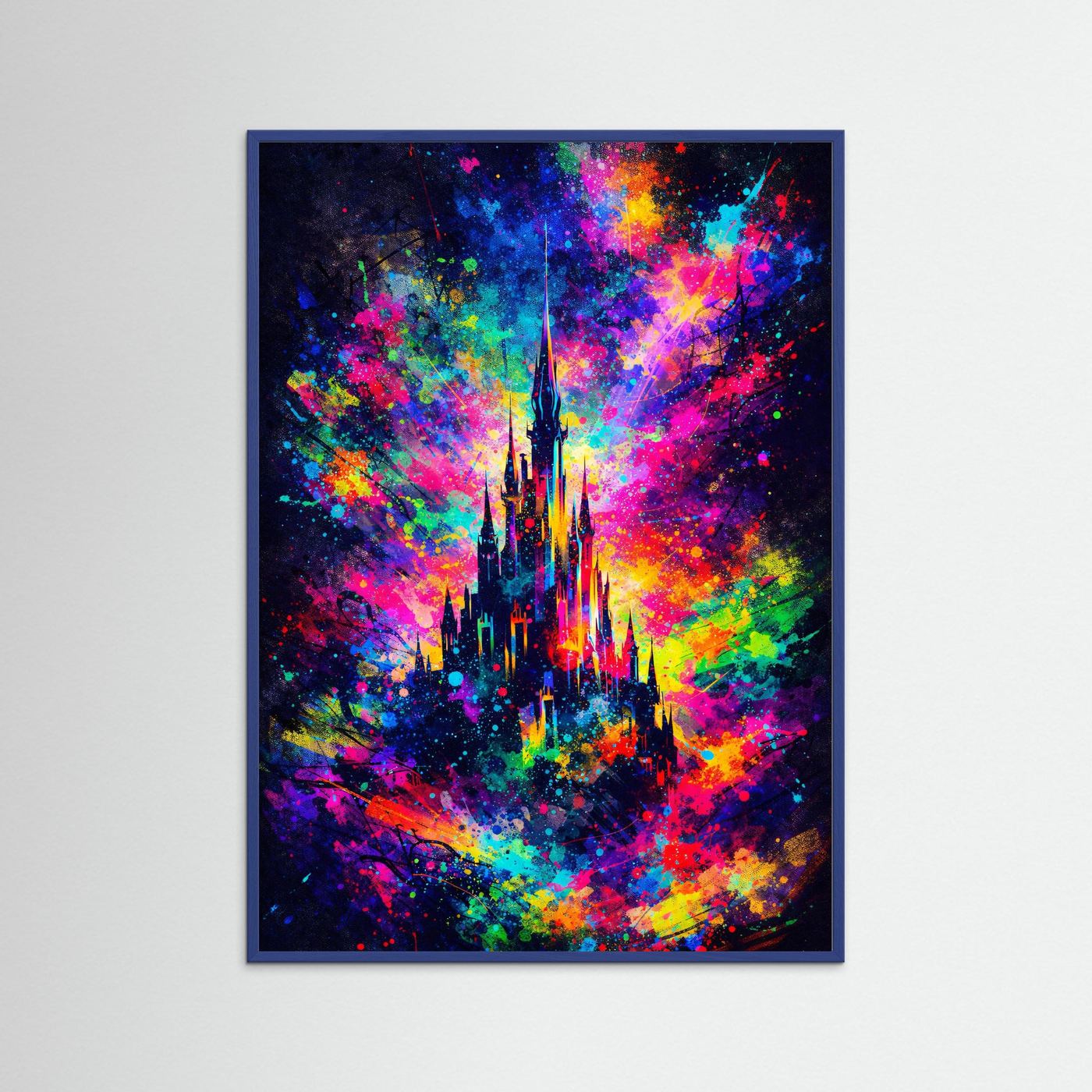 Fantasy-Schloss-Poster mit blauem Rahmen, buntes abstraktes Schlossmotiv auf dunklem Grund