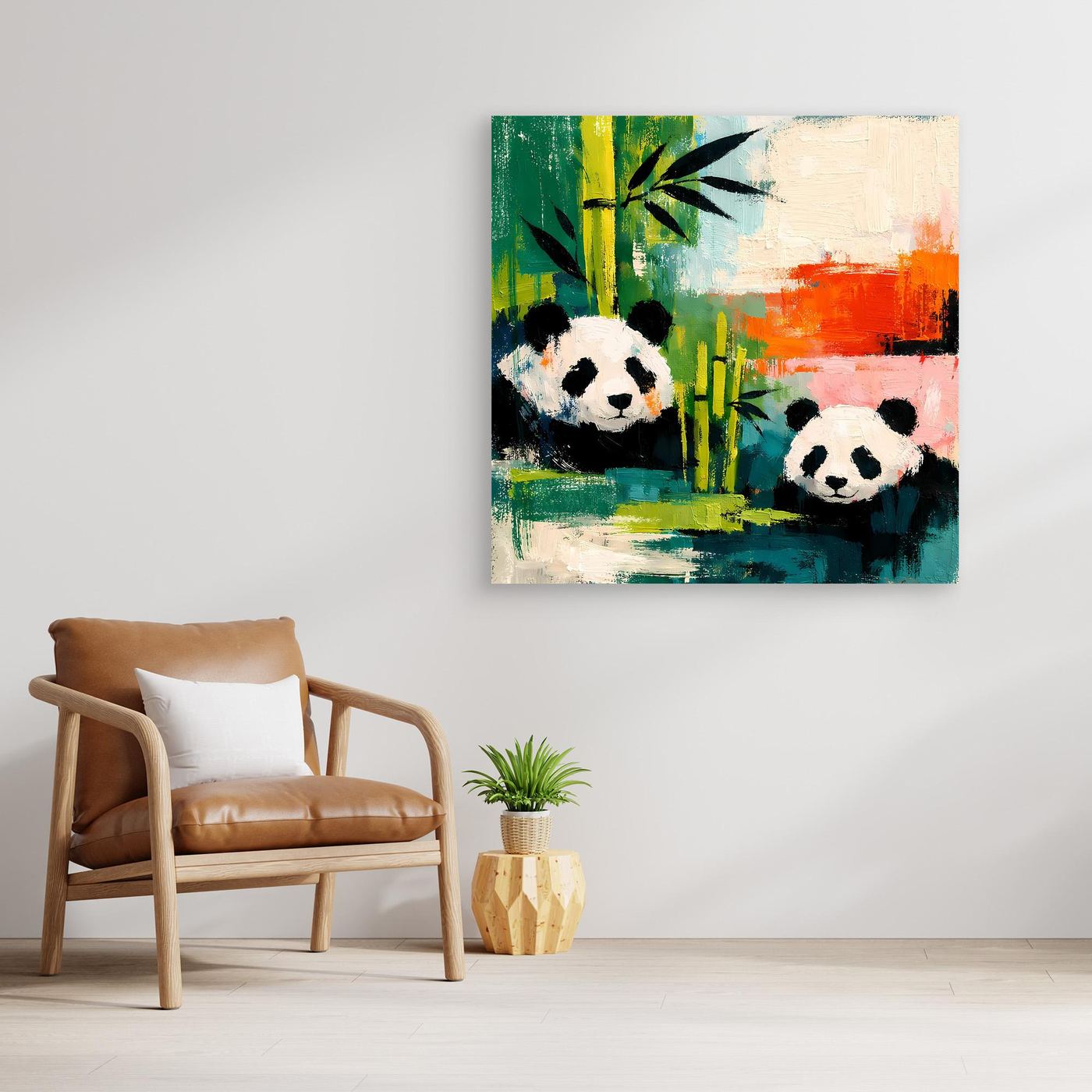 Abstract panda wall art with two pandas in bamboo, borderless print.