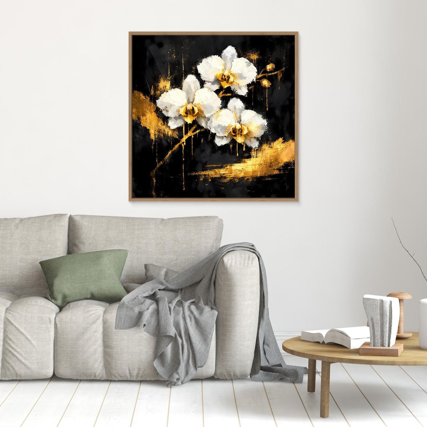 Leinwand Elegante Orchideen in Gold und Schwarz | Modernes Florales Luxus Wandbild