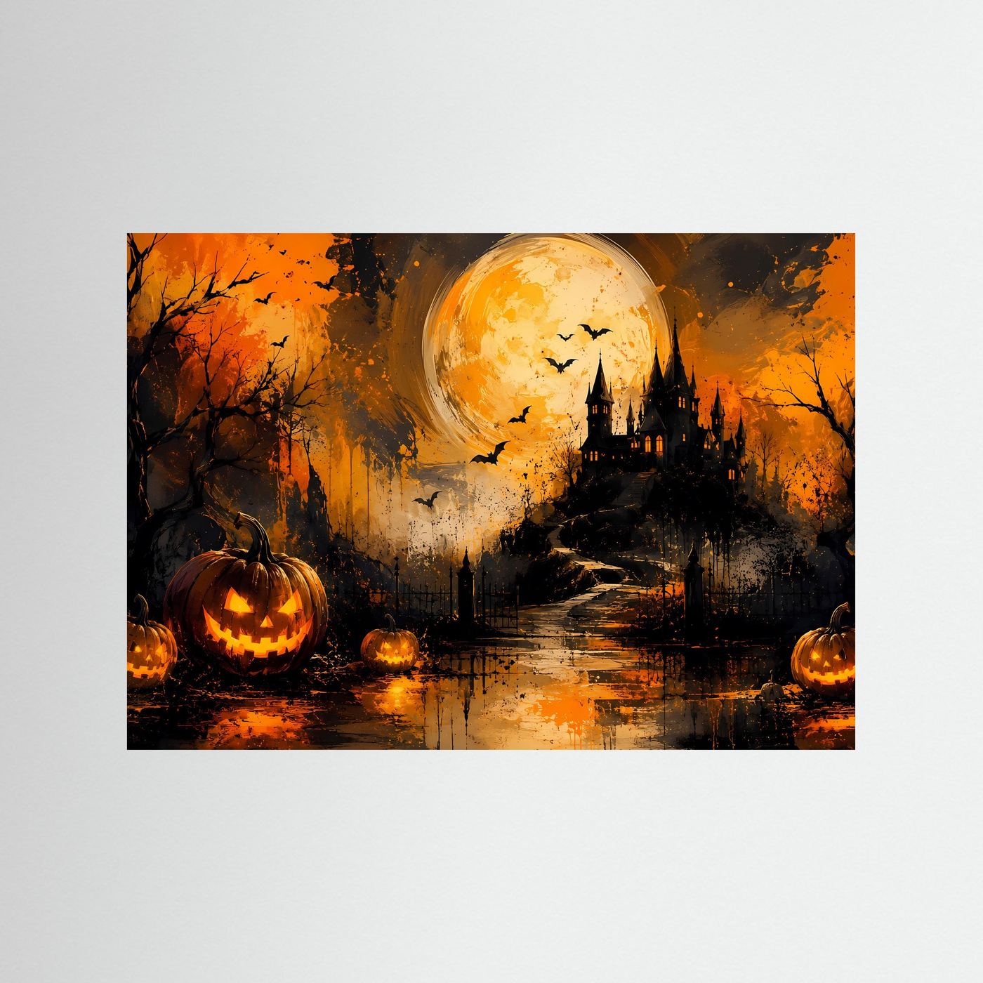 Halloween Poster | Spukschloss mit Kürbissen und Vollmond | Mystische Halloween Wandkunst | Düsterer Gothic Kunstdruck