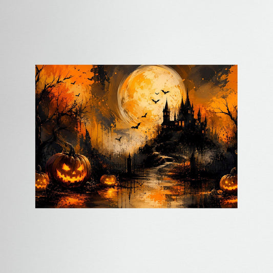 Halloween-Poster mit Spukschloss, Kürbislaternen und Vollmond, ohne Rahmen