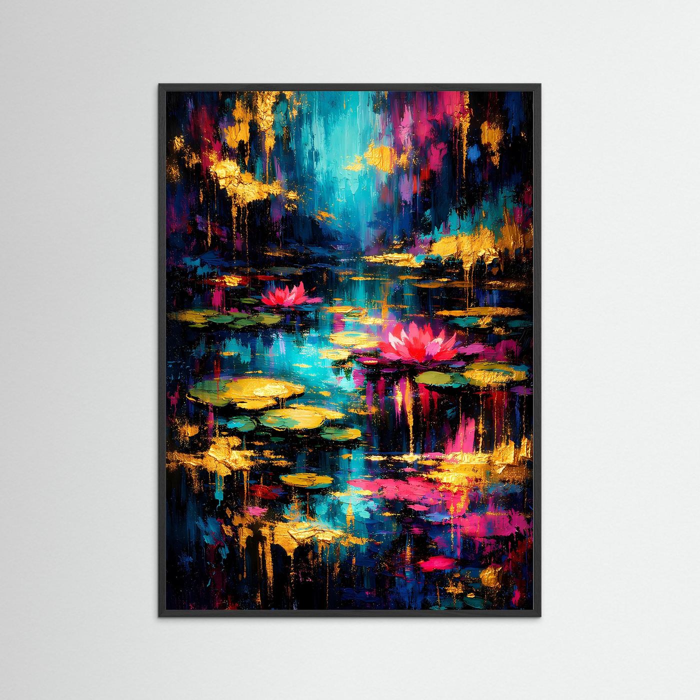 Abstraktes Kunstposter im Hochformat mit schwarzem Rahmen, türkisblau, magenta und Gold