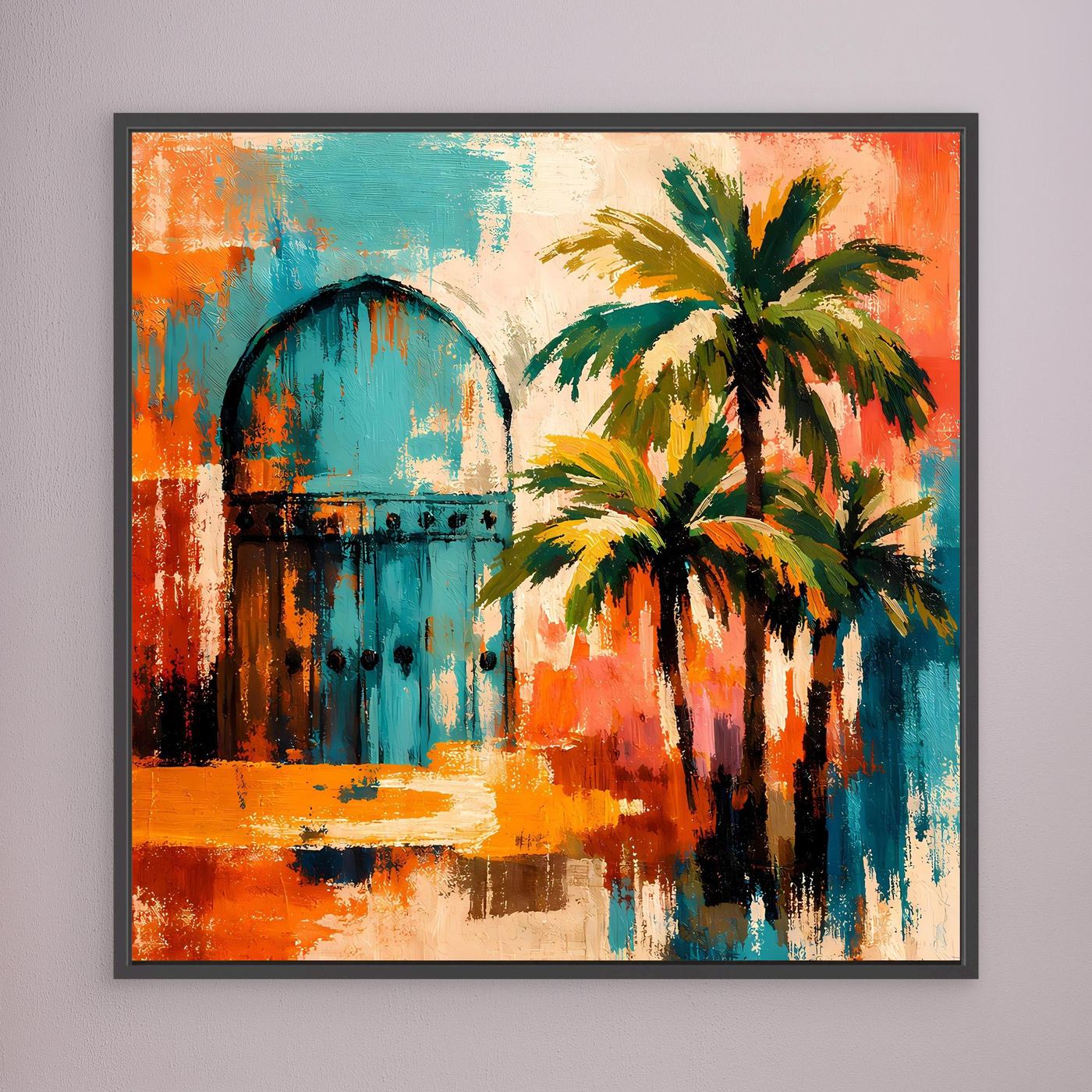 Wandbild mit abstraktem Torbogen und Palmen, Orange- und Blautöne, mit schwarzem Rahmen