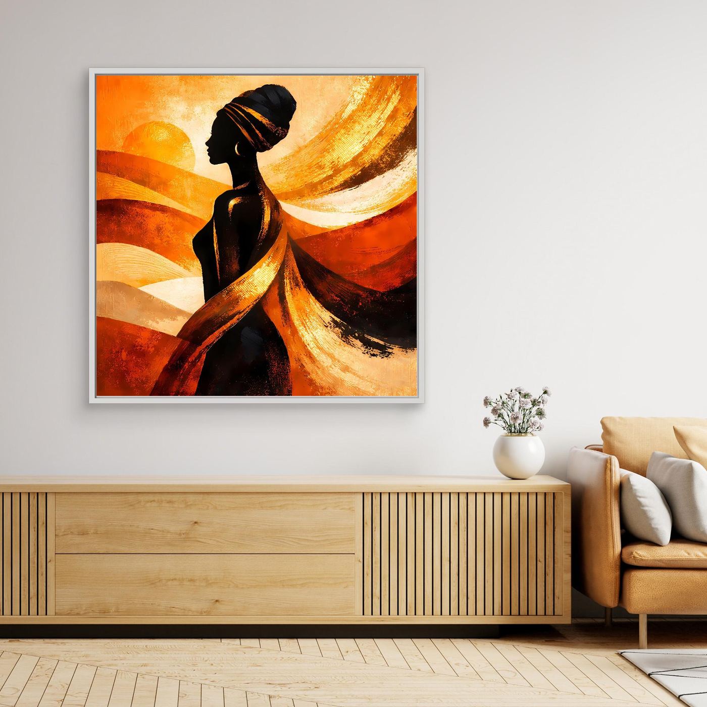 Leinwandbild mit Silhouette einer afrikanischen Frau, abstrakte Orange-Gold-Flächen, mit hellem Rahmen