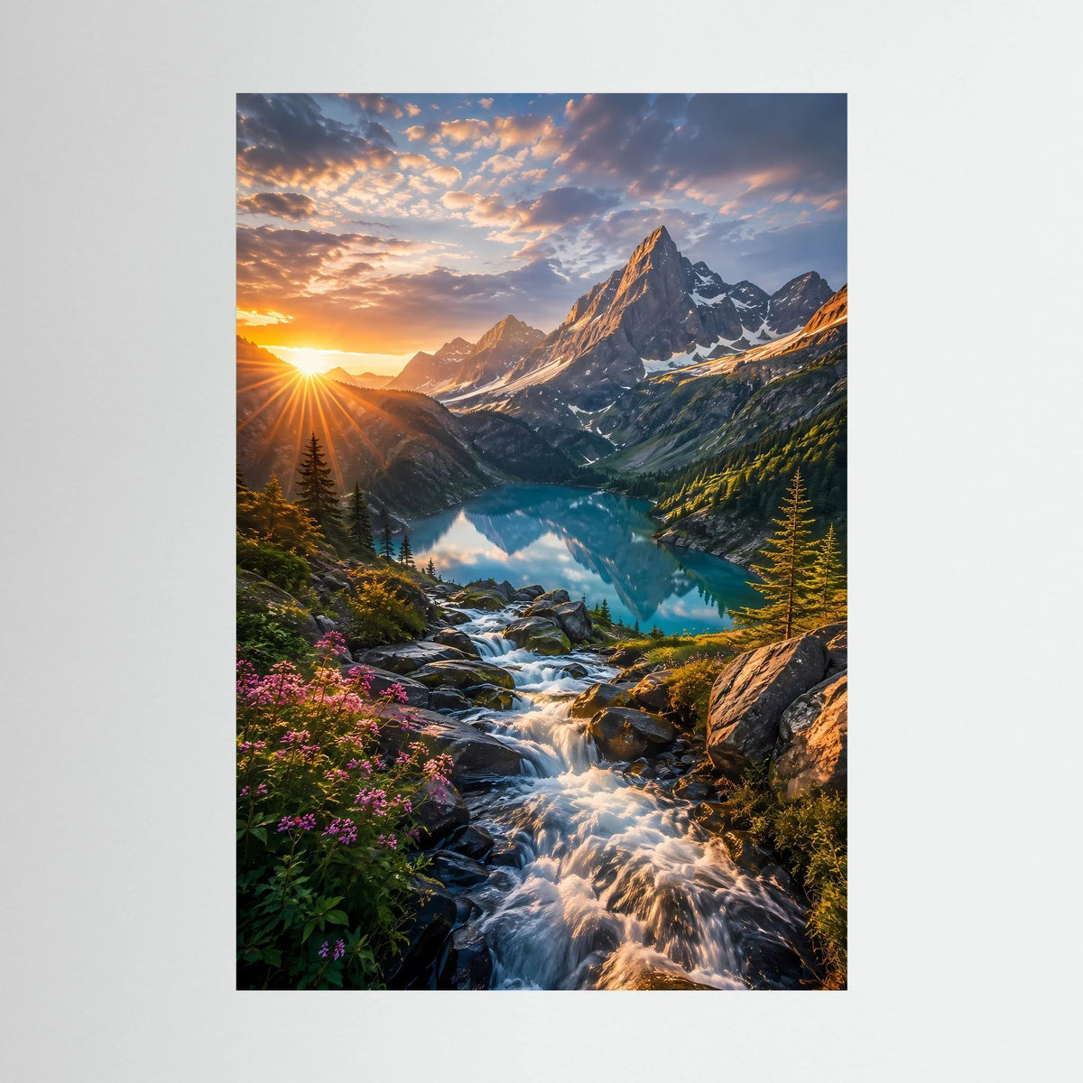 Poster im Hochformat mit Alpenlandschaft, Wasserfall und Sonnenaufgangsstrahlen