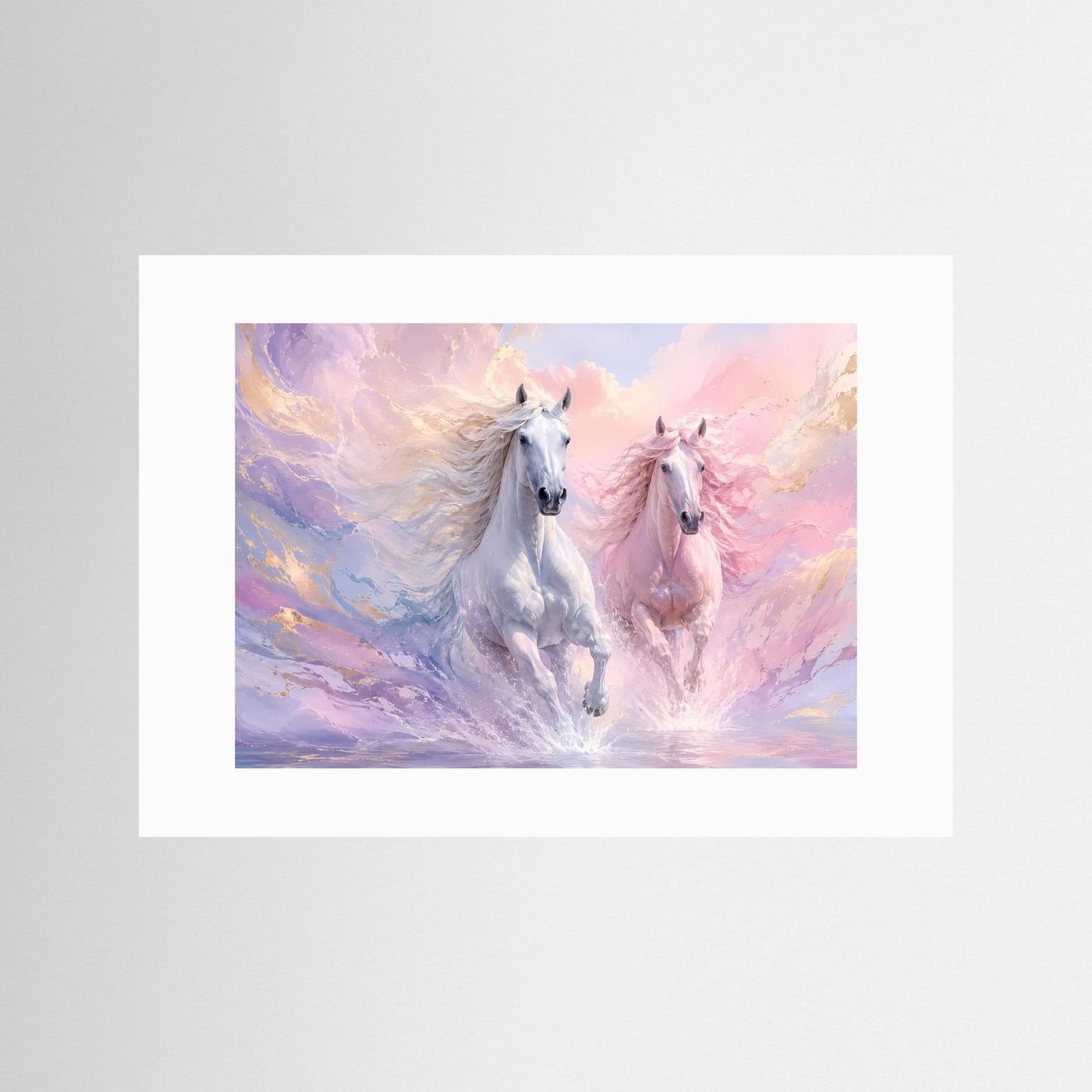 Pferde Poster Querformat | Elegante Weiße Pferde in Pastellfarben | Modernes Wandbild mit Goldakzenten