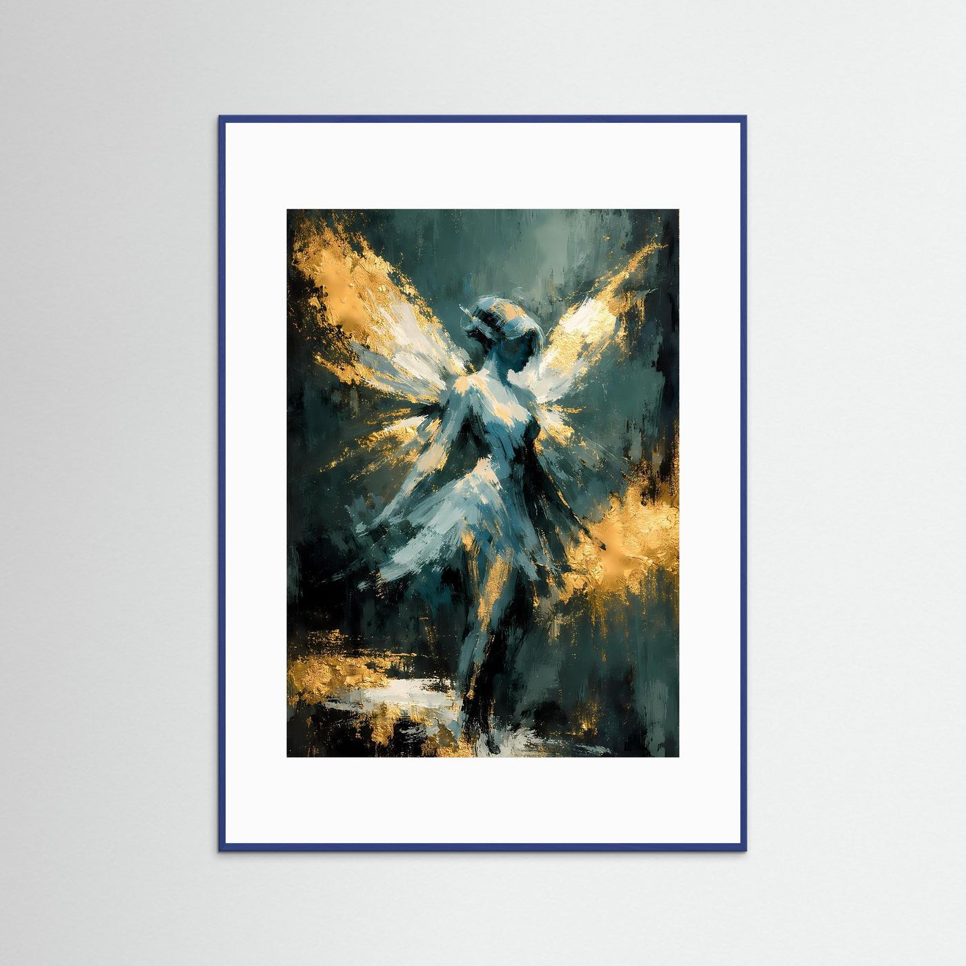 Hochformatiges Ballett-Poster mit abstrakter Ballerina und Engelsflügeln in Salbeigrün und Gold, blauer Rahmen